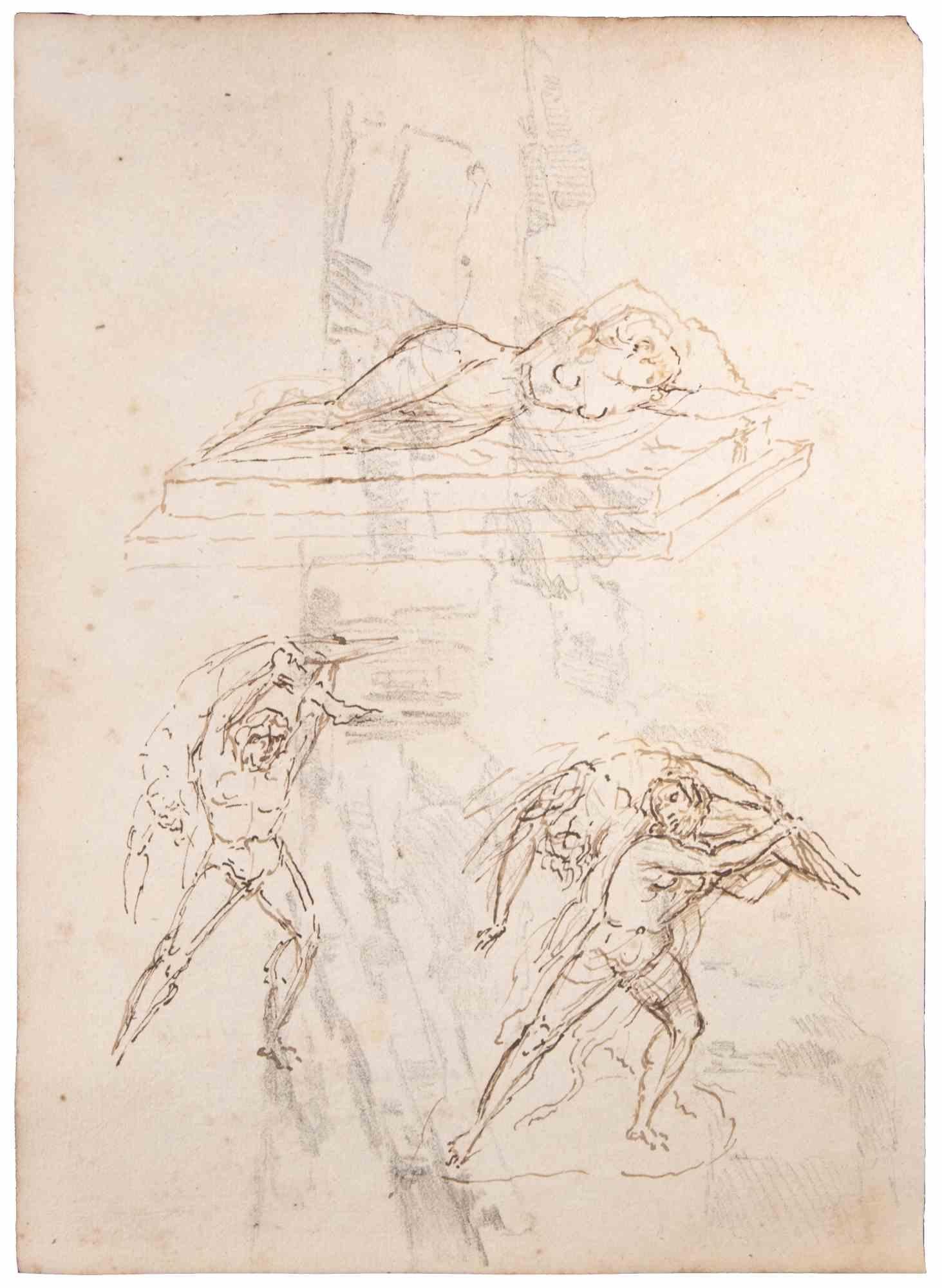 Mutter und Kind – Zeichnung – Zeichnung – spätes 18. Jahrhundert – Art von Unknown