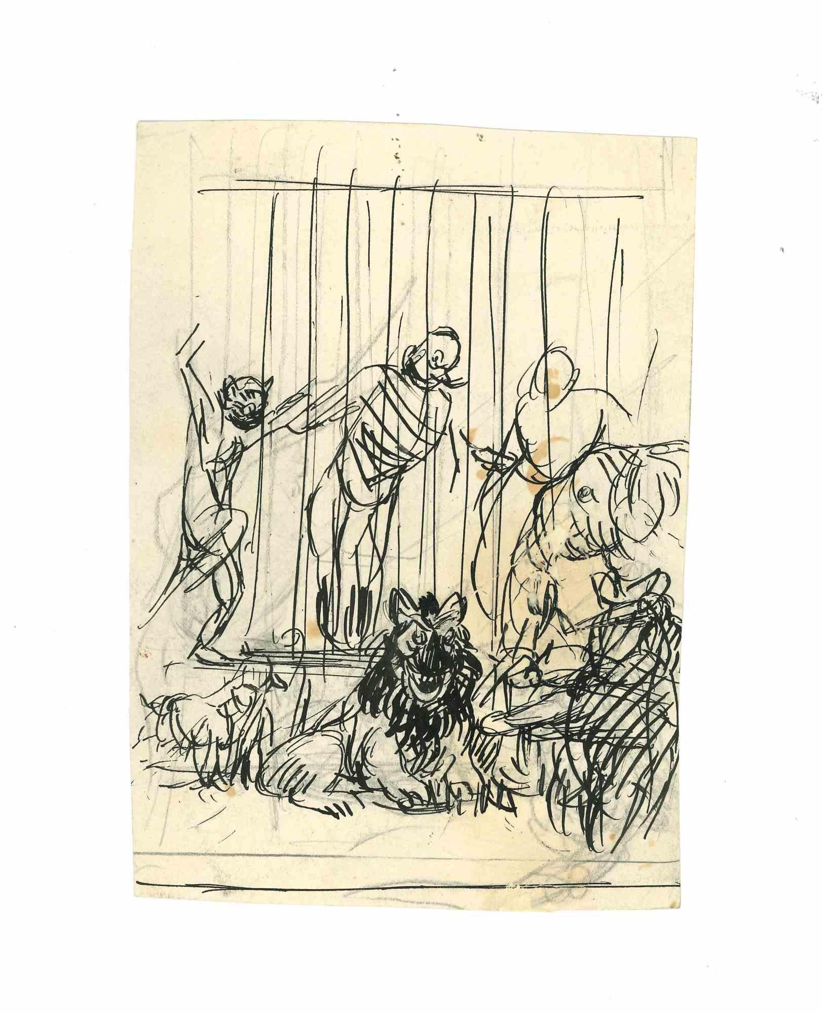 Der Gefangene der Tiere ist ein modernes Kunstwerk von Gabriele Galantara (1865-1937) aus dem frühen 20. Jahrhundert.

Das Kunstwerk ist eine China-Tinte auf Papier.

Einschließlich eines Passepartouts.

Guter Zustand mit leichtem