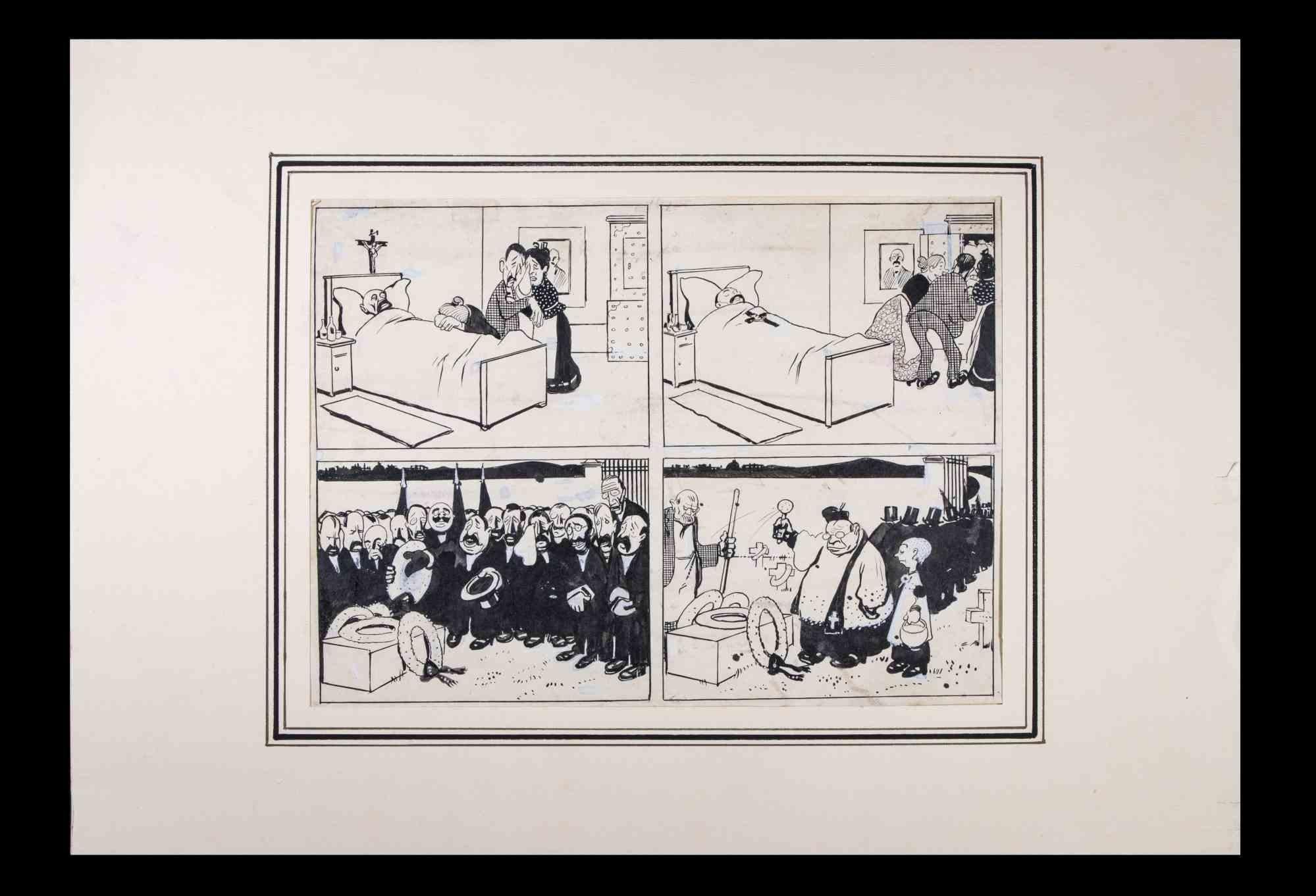 The Mourning is a drawing artwork realized by Carlo Rivalta (1887-1941).

Cartoons in four frames story, China ink drawing on paper.

The state of preservation is good with slight foxing.

Included a cardboard Passepartout.