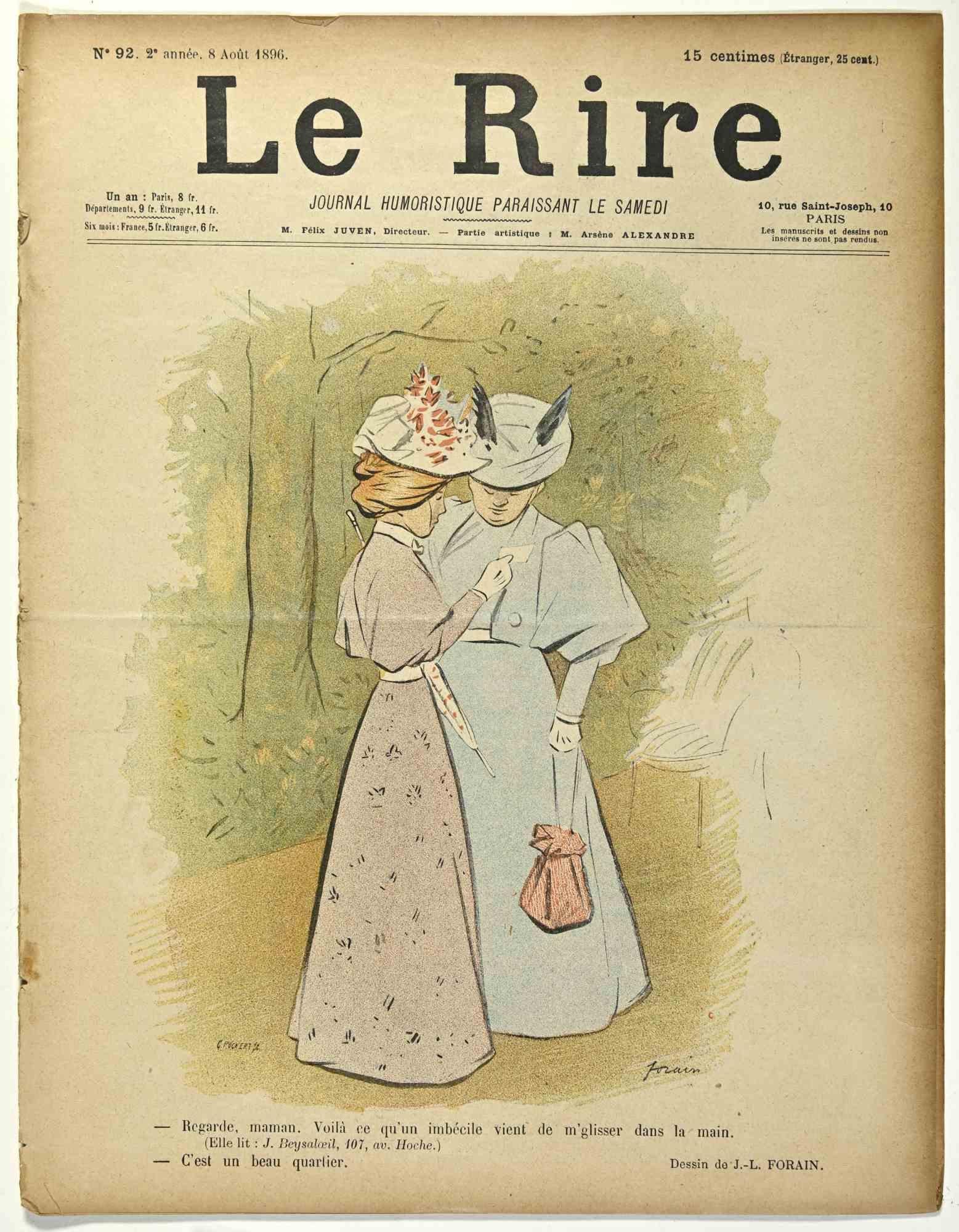 Le Rire est une revue humoristique estampillée du mois d'août 1896 dessinée par Jean Luis Forain (1852-1931).

Bon état sur un papier jauni, à l'exception d'un peu de papier déchiré dans la marge gauche.

Tampon signé dans le coin inférieur