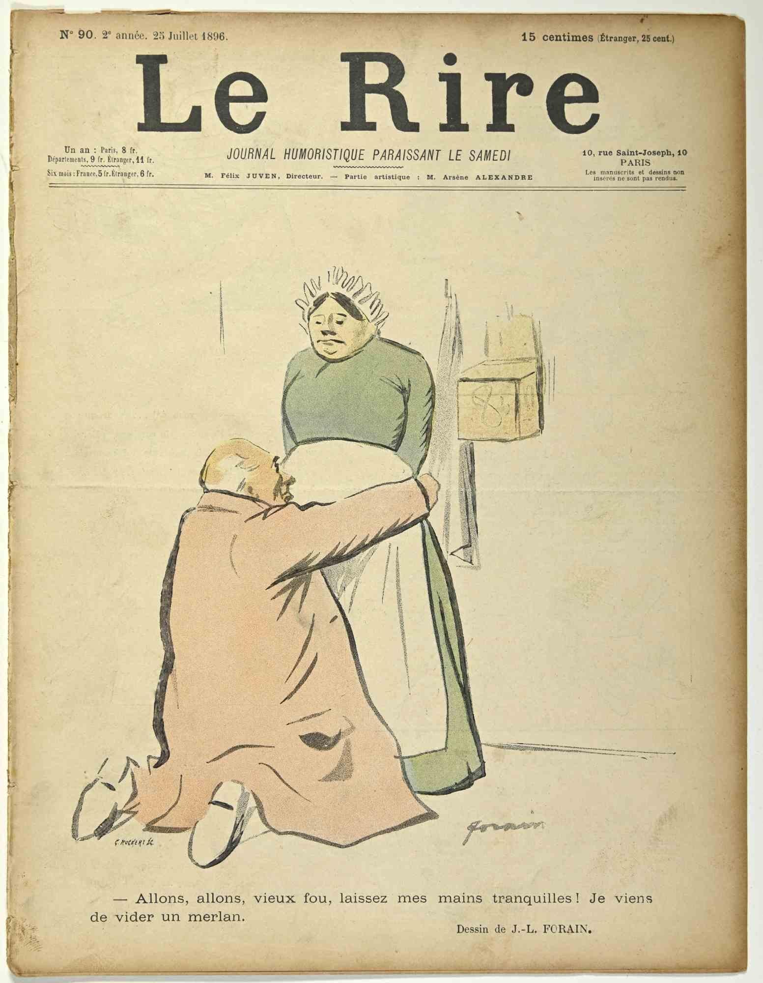 Le Rire est un magazine humoristique publié en juillet 1896, reproduisant des dessins de Jean Luis Forain (1852-1931).

Bon état sur un papier jauni, à l'exception d'un peu de papier déchiré dans la marge gauche.

Tampon signé dans le coin inférieur