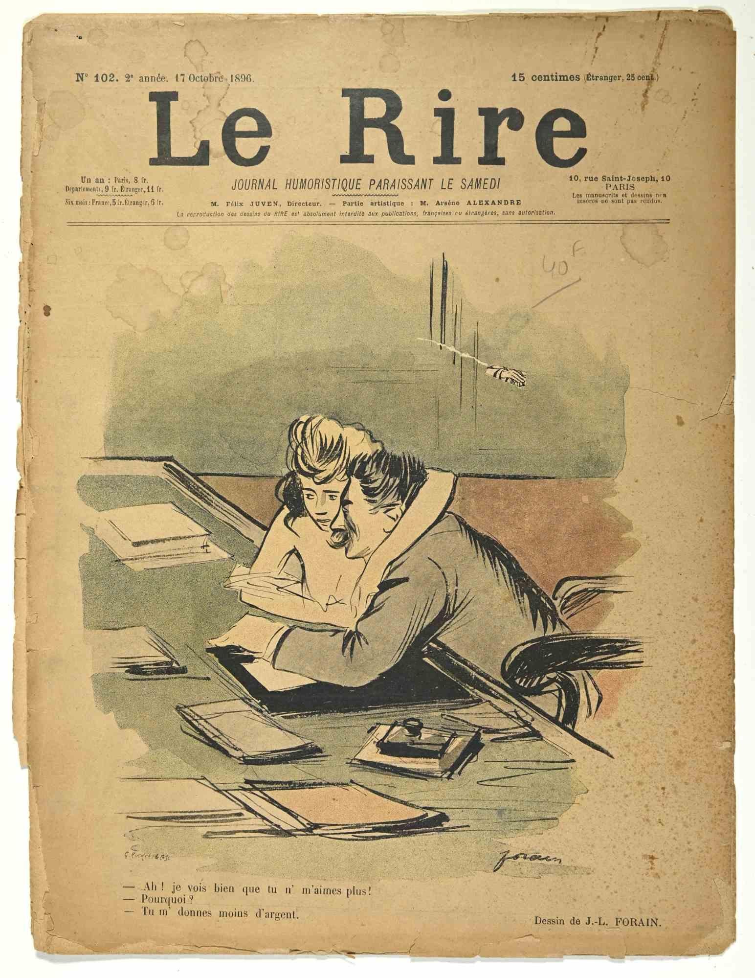 Le Rire est un magazine humoristique publié en octobre 1896, reproduisant des dessins de Jean Luis Forain (1852-1931).

Bon état sur un papier jauni, à l'exception d'un peu de papier déchiré dans la marge gauche.

Tampon signé dans le coin inférieur