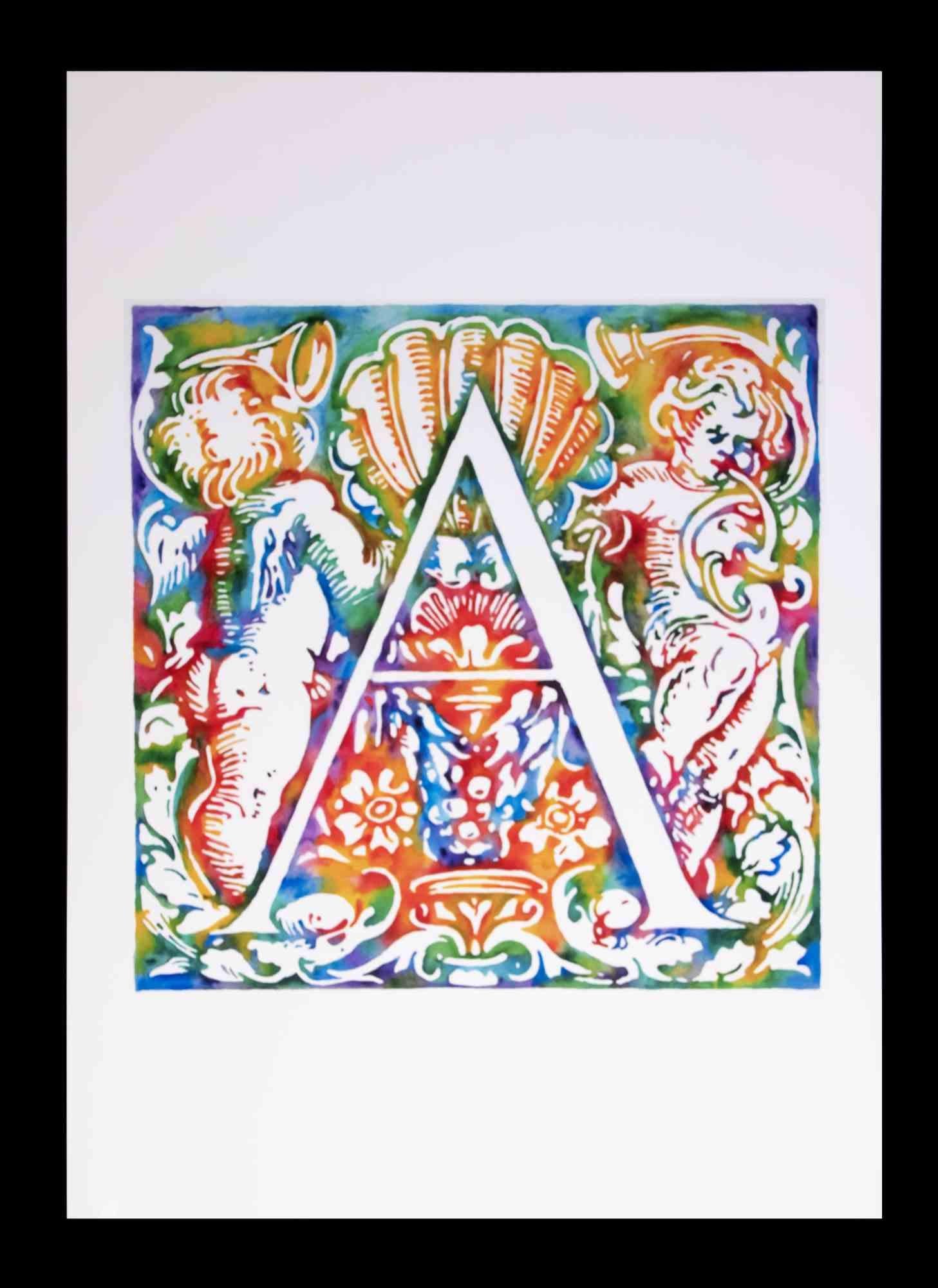 Letter A is a drawing in watercolor realized in the late 20th century.

Good condition.