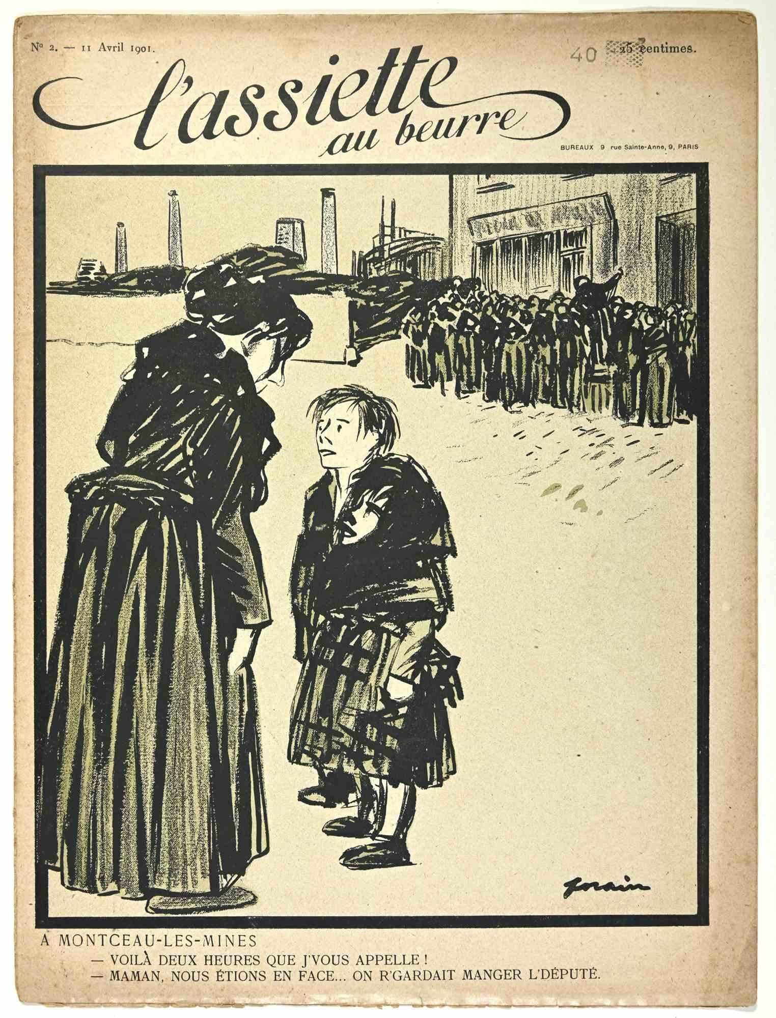 L'Assiette au Beurre ist ein Comic-Magazin vom April 1901, gezeichnet von Jean Luis Forain.

Guter Zustand auf vergilbtem Papier, mit Ausnahme einiger Papierrisse am linken Rand.

Am Rande signiert, nummeriert und datiert.