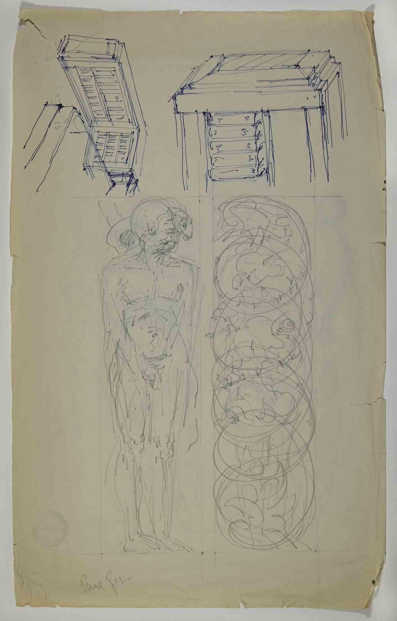 Nackt -  Bleistiftzeichnung von Paul Garin - 1950er Jahre im Angebot 1