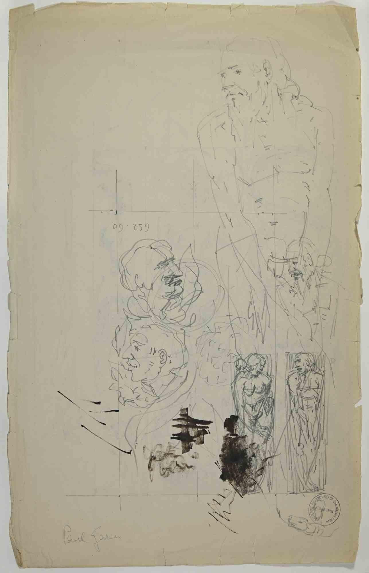 Personnages is a drawing realized by the French artist Paul Garin (Nice, 1898-1963) in the 1950s .

Pencil on paper, Hand Signed on the left corner. Black-ink stamp on the lower right corner: "Catherine Charbonneux Commissaire Priseur - Atelier