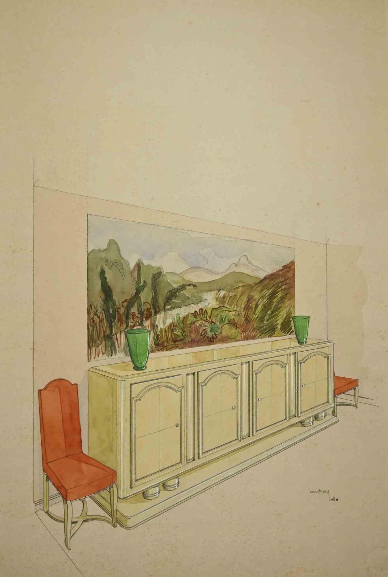 Interior Design is a beautiful drawing on paper, realized in 1948 by the French architect  Victor Courtray (1897-1971). Ink and watercolor on paper.

Hand-signed and dated on the lower right margin.

The artwork represents a minimalistic, clean