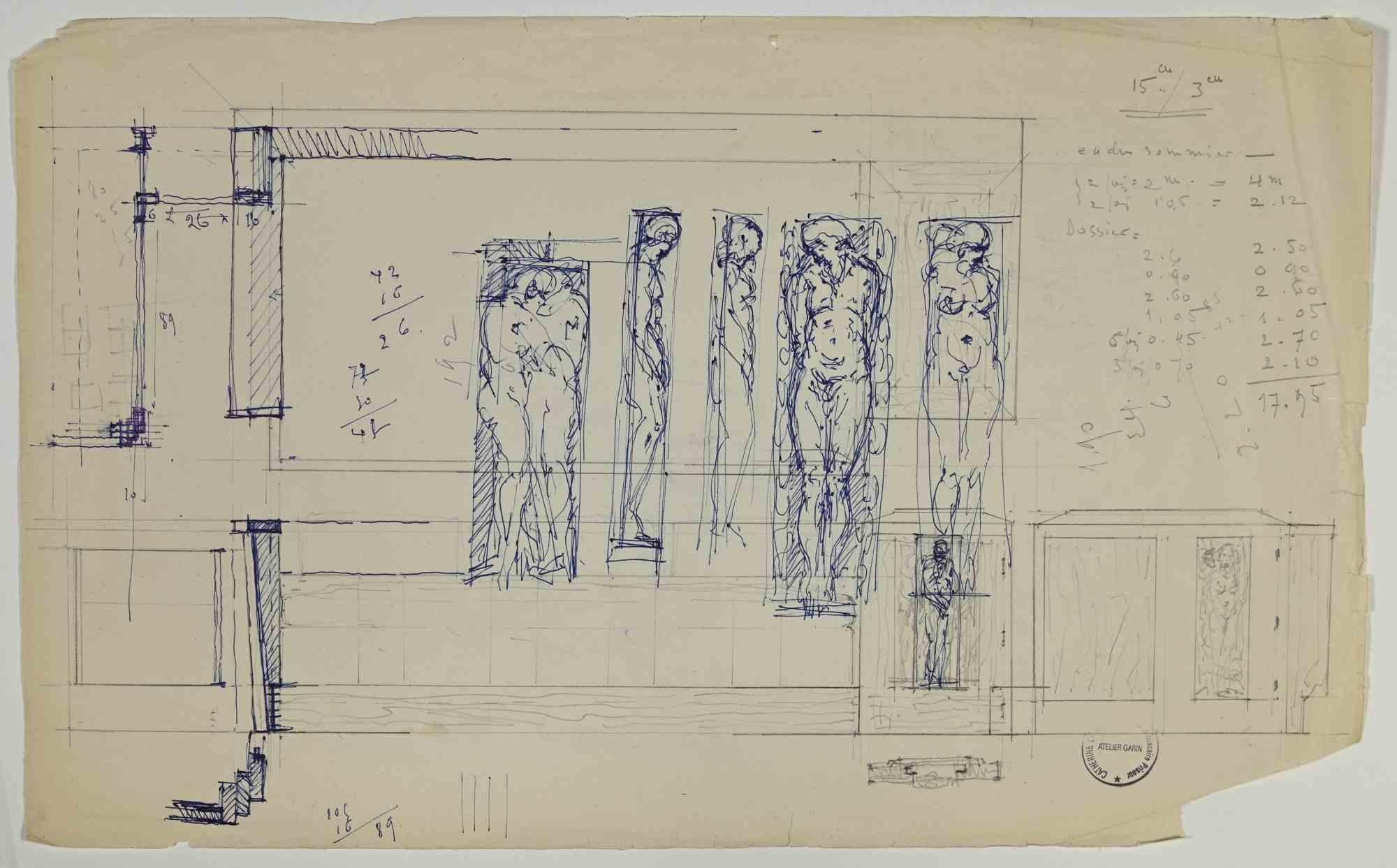 Personnages -  Pencil and Pen Drawing by Paul Garin - Mid 20th Century