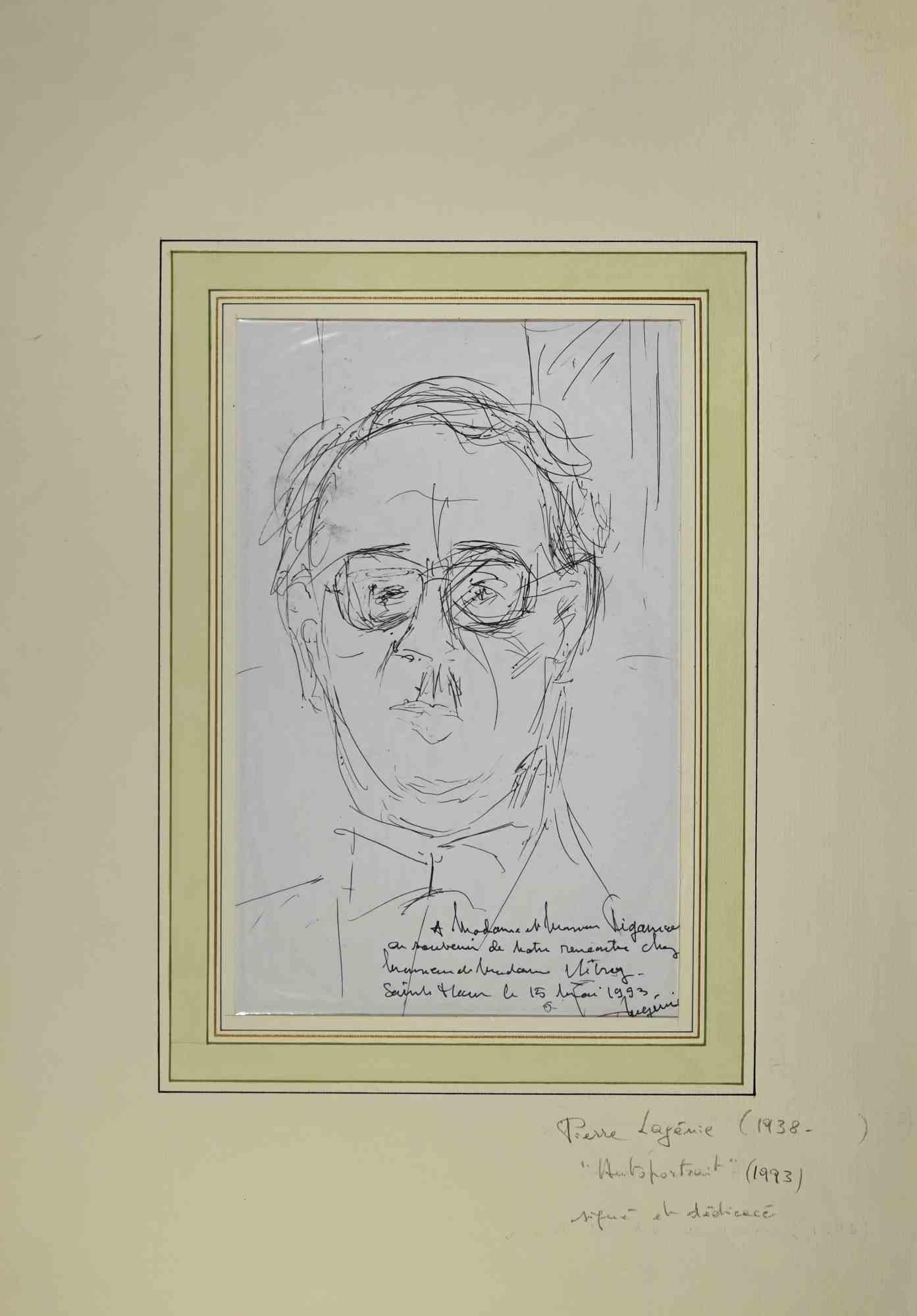Self portrait is a beautiful pen drawing on paper, realized in 1993 by the French artist  Pierre Lagénie (1938-2020).

Hand-signed and dedicated on the lower right margin.

The work is glued on cardboard. Total dimensions: 50 x 35.5 cm.

In very