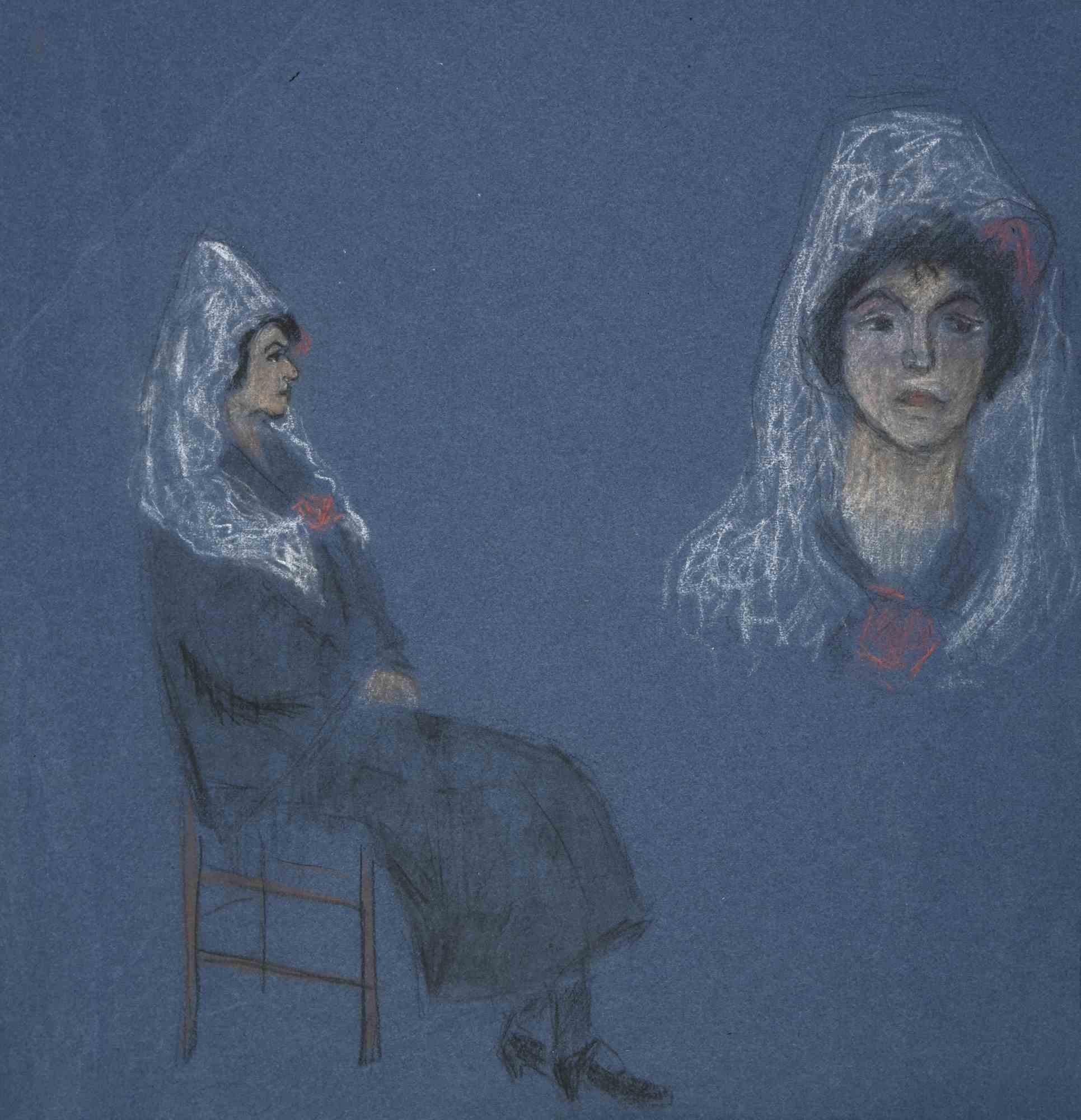 Femme assise est une œuvre d'art réalisée par Suzie Bernardeau au milieu du 20e siècle.

Bon état.

Dessin réalisé avec des crayons de couleur sur du papier bleu.