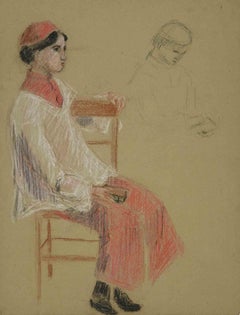 Mädchen sitzendes Mädchen – Zeichnung von Suzie Bernardeau – Mitte des 20. Jahrhunderts