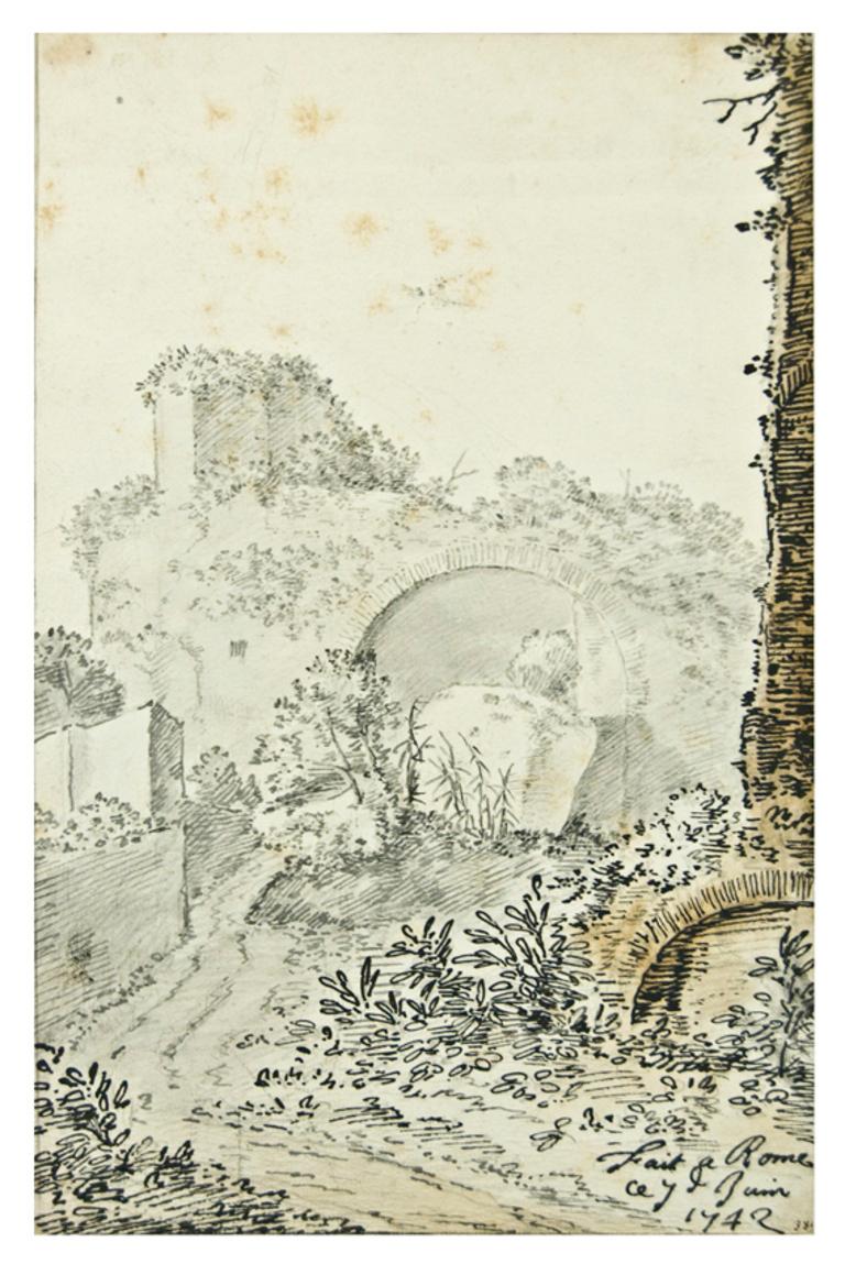 Jan Peeter Verdussen Figurative Art – Ruines Romanes – römische Ruinen – Tusche und Aquarell von J. P. Verdussen – 1742