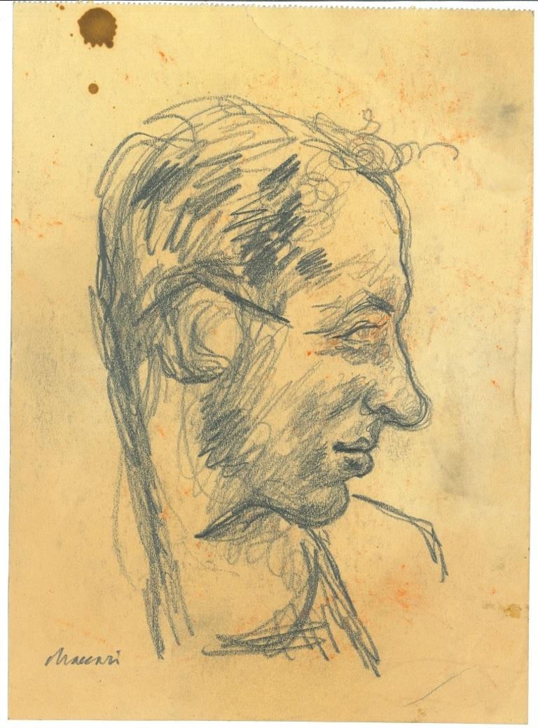 Profilo maschile (Male profile)   is al drawing on paper, realized around the Sixties by the great Italian artist and journalist,  Mino Maccari  (Siena, 1898 - 1989).

Pencil drawing on ivory-colored and laid paper.

Signed "Maccari"  in pencil  on