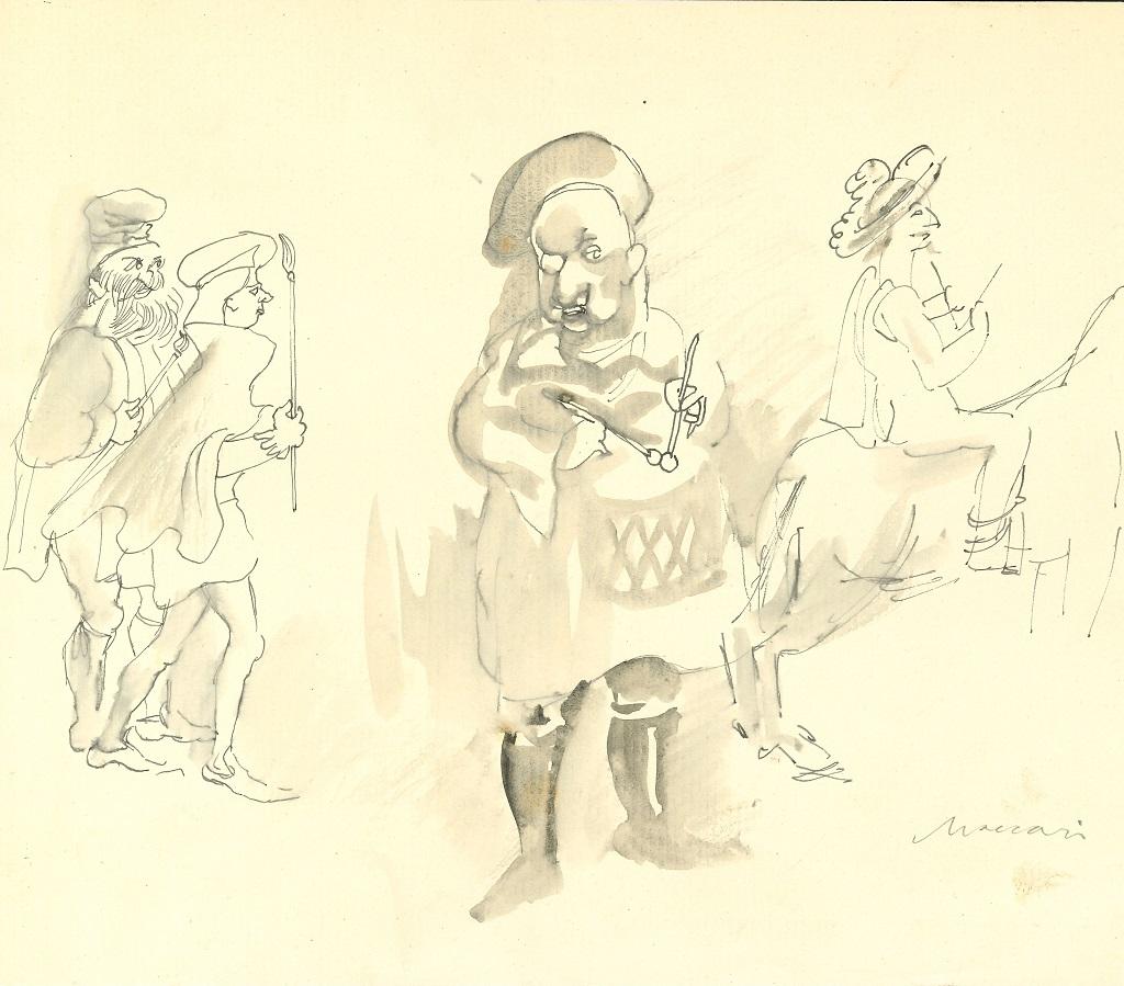 Medieval Concert ist eine Tusche- und Aquarellzeichnung auf Leinen- und Elfenbeinpapier, die der große italienische Künstler und Journalist Mino Maccari (Siena, 1898 - 1989) in den sechziger Jahren anfertigte.

Signiert "Maccari" mit Bleistift am