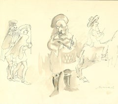 Mittelalterliches Konzert – Zeichnung von Mino Maccari – Mitte des 20. Jahrhunderts