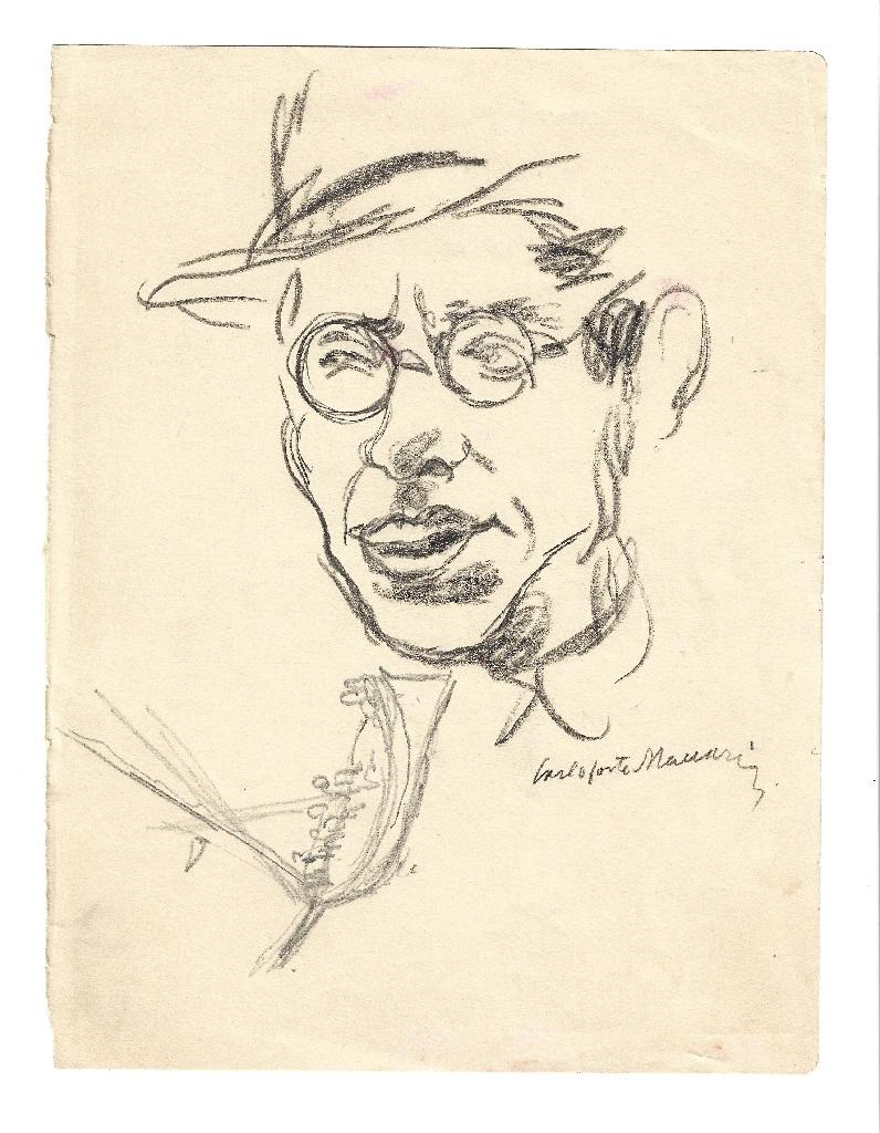 Das Porträt von Carlo Forte ist eine Zeichnung auf Papier, die Mitte des 20. Jahrhunderts von dem großen italienischen Künstler und Journalisten Mino Maccari (Siena, 1898 - 1989) angefertigt wurde.

Kohle- und Bleistiftzeichnung auf Bütten und