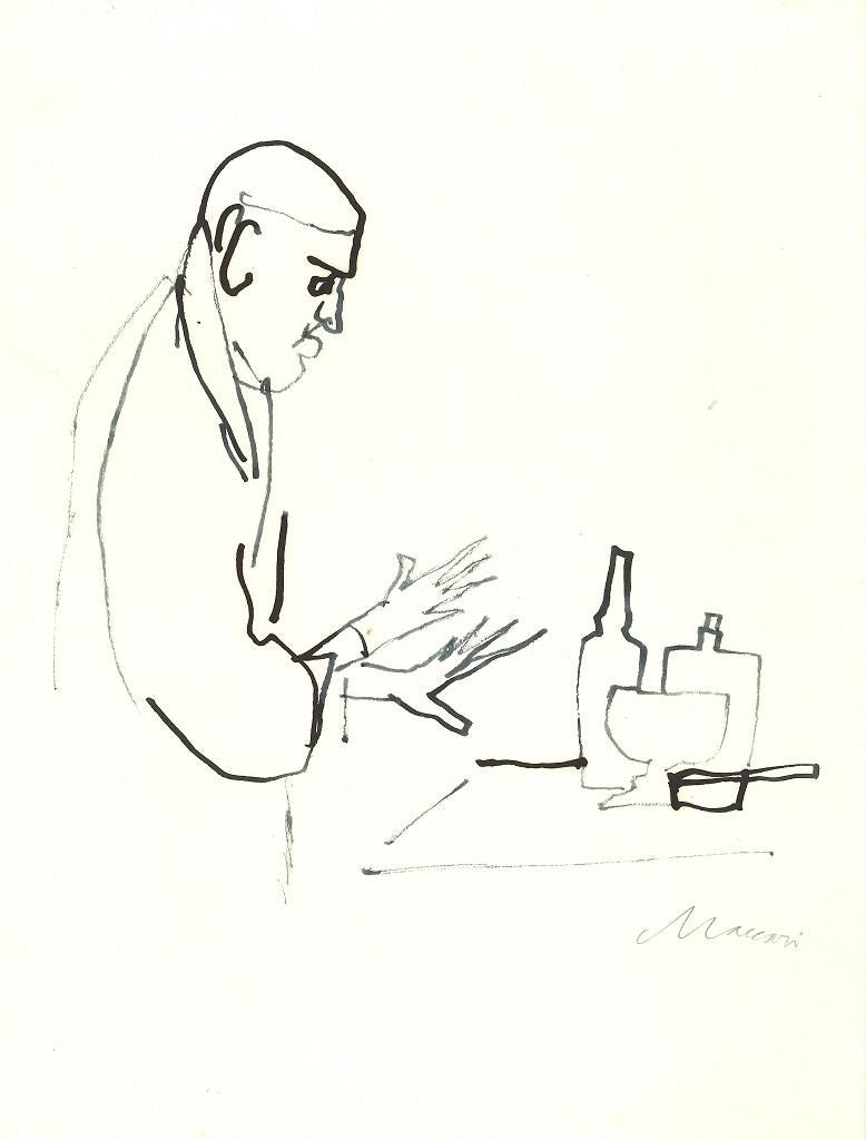 L'Alchimista (Der Alchimist, Porträt von Giorgio Morandi) ist eine Zeichnung auf Papier, die in den sechziger Jahren von dem großen italienischen Künstler und Journalisten Mino Maccari (Siena, 1898 - 1989) angefertigt wurde.

Zeichnung mit schwarzer