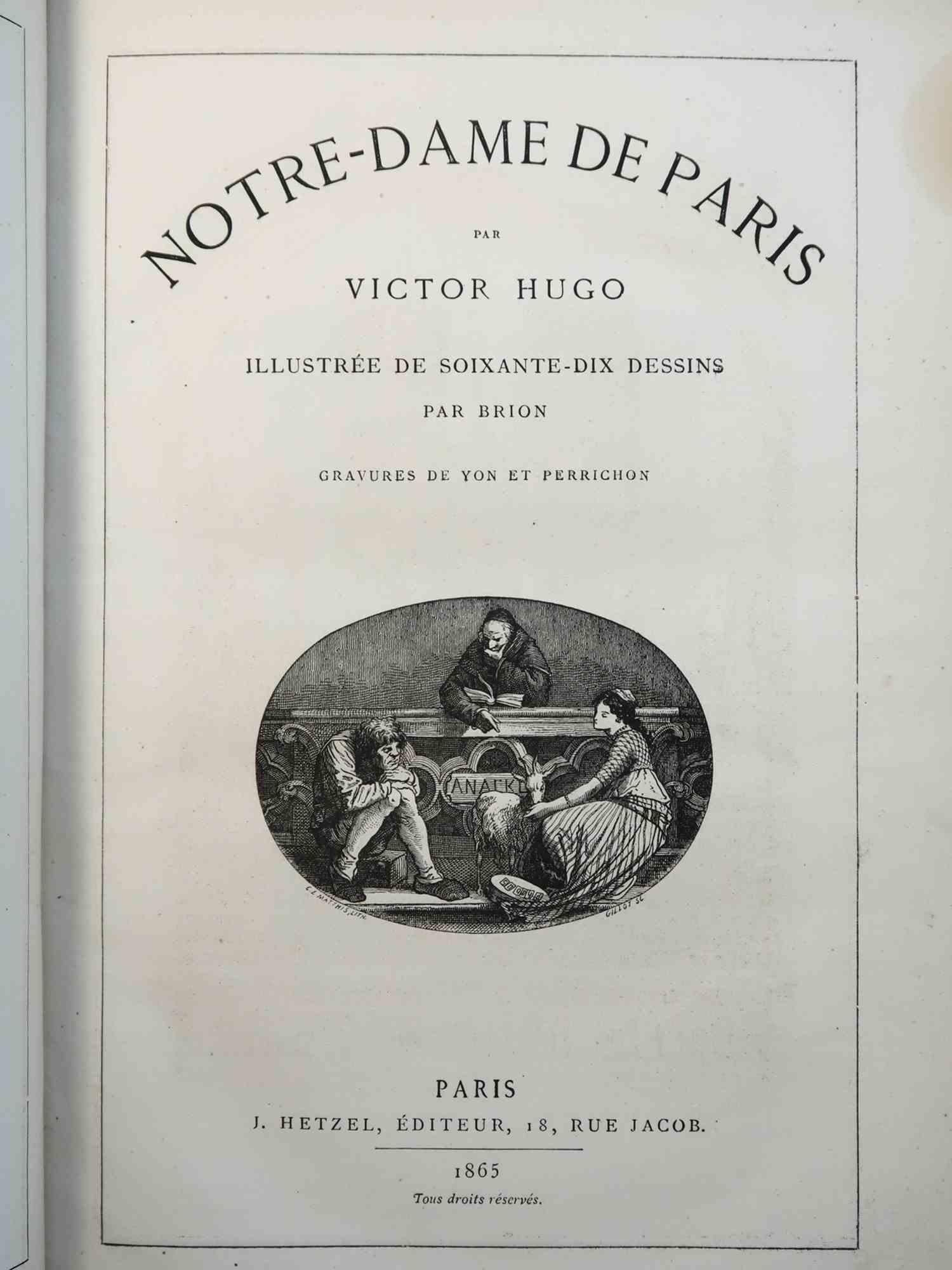 Notre Dame de Paris is a rare book by Victor Hugo published in 1865

Edited by Hetzel – Paris

Illustrated edition in a full blue calf binding “à la Bradel”.

3 tomes in one volume large in 8° (29x20cm) .

Original covers and 70 etchings after the