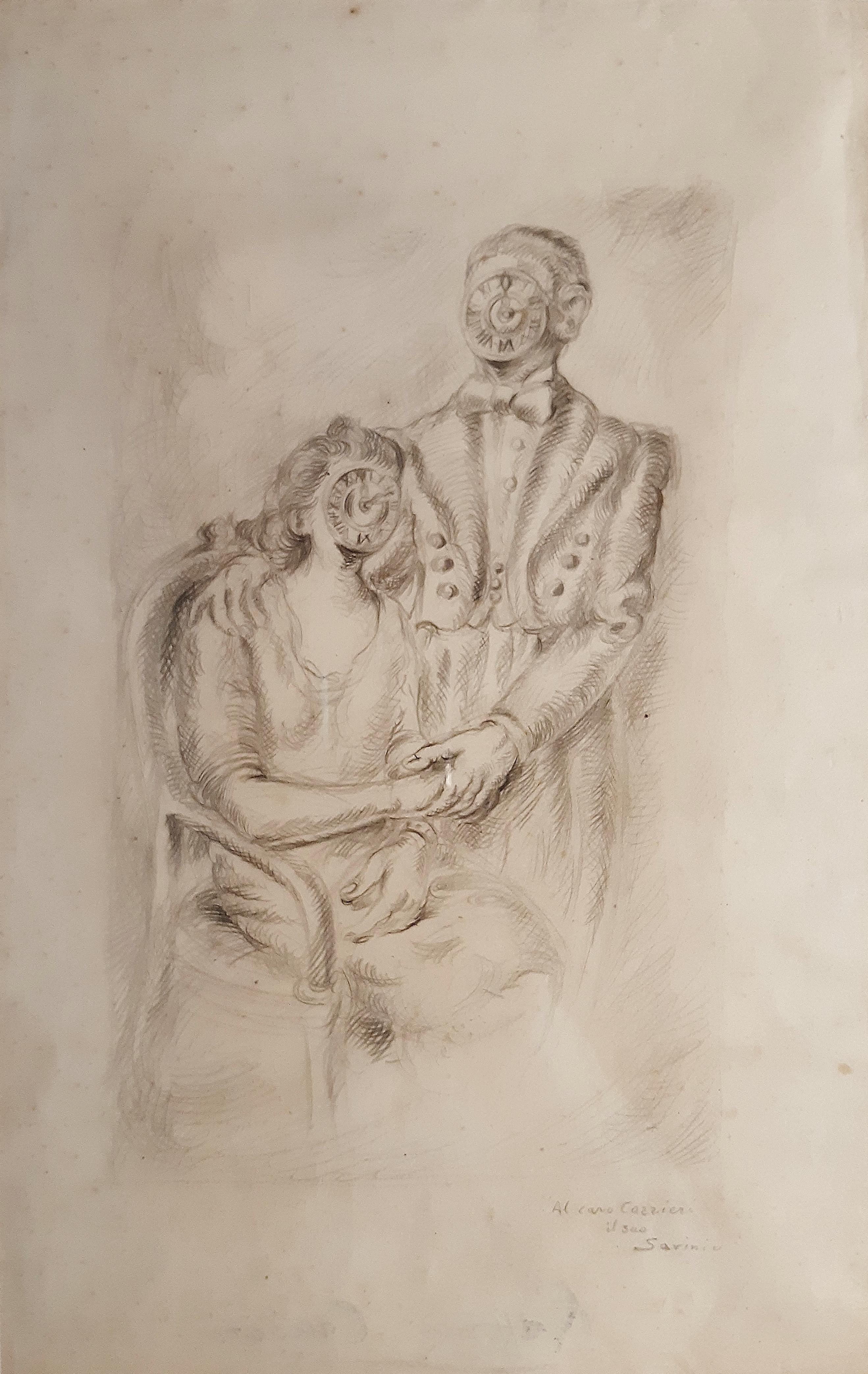 Das Eheporträt ist ein modernes Kunstwerk von Alberto Savinio aus dem Jahr 1948.

Bleistift auf Papier.

Vom Künstler handsigniert und Raffaele Carrieri gewidmet.

Echtheitszertifikat von Ruggero Savinio auf dem Foto.