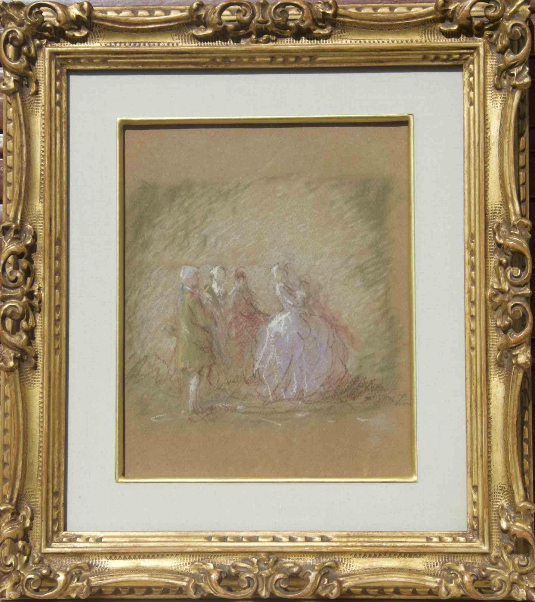 Szene mit Figuren ist ein schönes Pastell auf Karton, das Ende des 19. Jahrhunderts entstand und dem italienischen Künstler Gaetano Previati zugeschrieben wird.

Das Stück ist in gutem Zustand. Inklusive Rahmen.