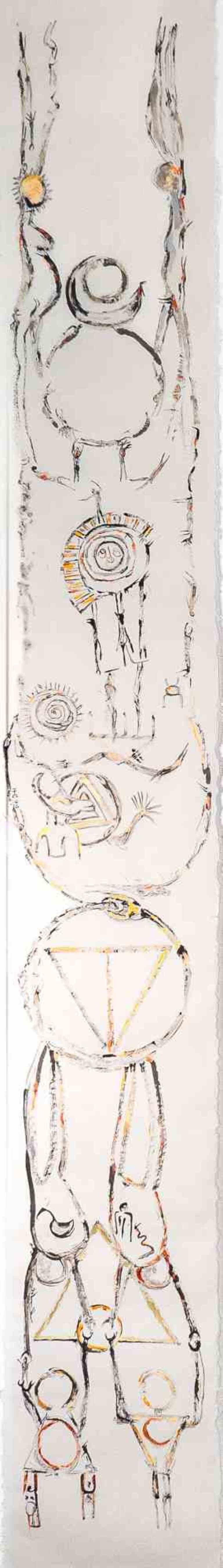 Göttin und Säule, Beschützerin der Morgenröte der Vollstrecker ist eine Zeichnung der iranischen Malerin und Dichterin Parimah Avani aus dem Jahr 2023.

China-Tusche, Acryl und Kohle auf traditionellem japanischem Kozo-Papier, mit aufgetragenem