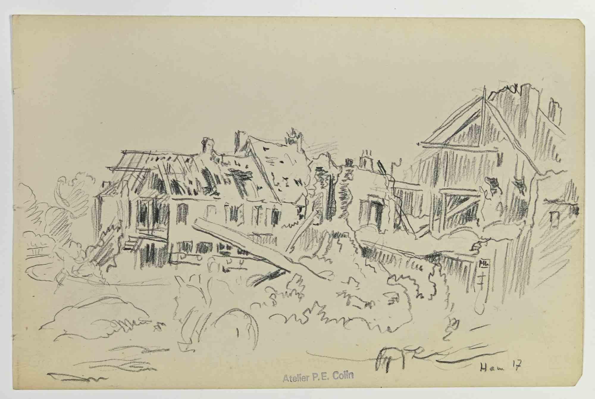 Destructed Houses – Zeichnung von Paul Emile Colin – Anfang 20. Jahrhundert
