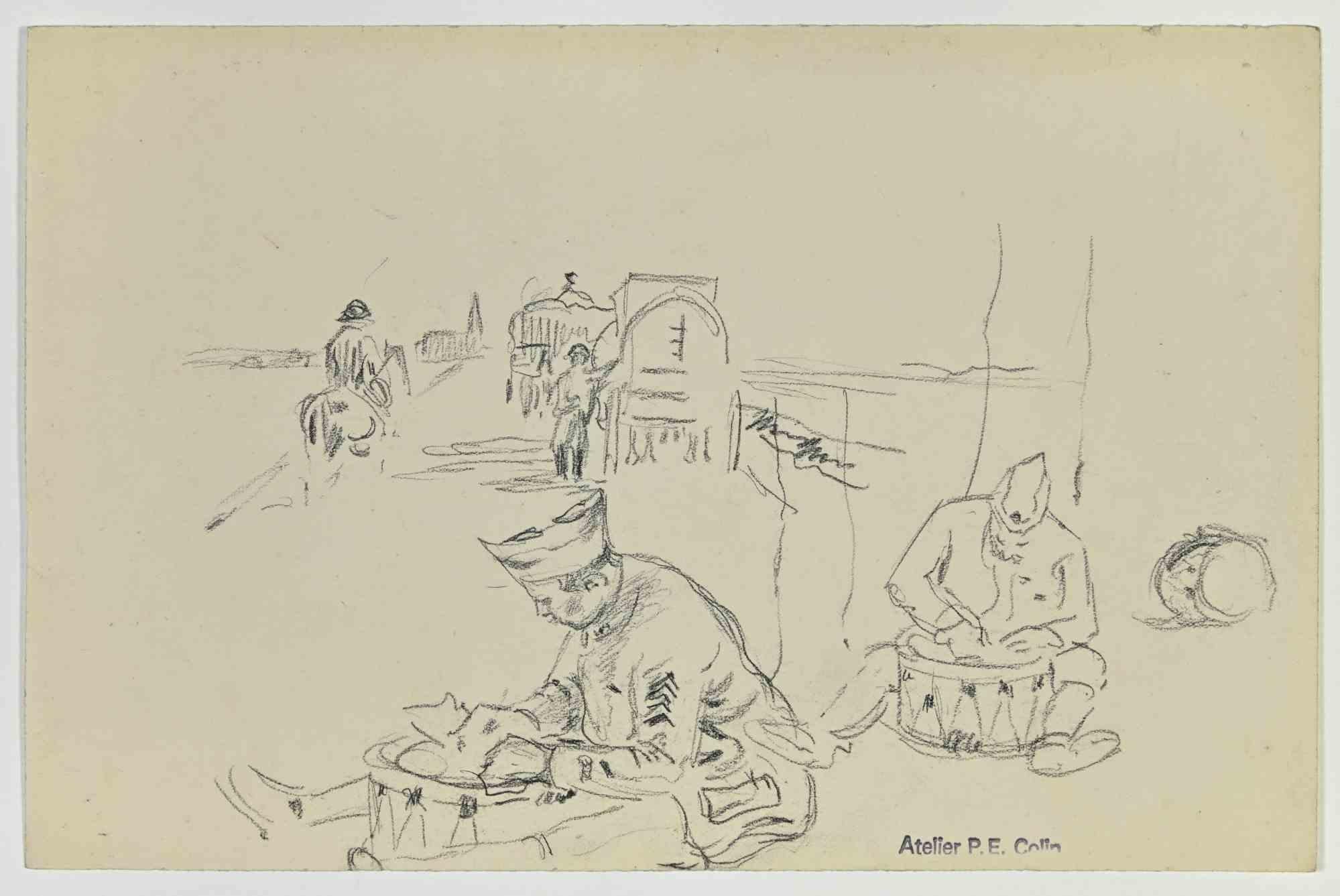 Soldiers Preparation is a drawing realized by Paul Emile Colin in the Early 20th Century.

Carbon Pencil on ivory-colored paper

Stamped on the lower.

Good conditions with slight foxing.

The artwork is realized through deft expressive strokes.
