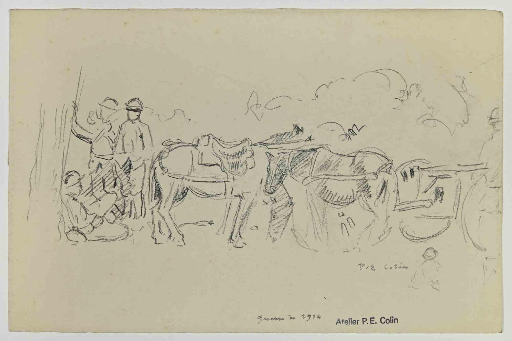 Soldiers is a drawing realized by Paul Emile Colin in the Early 20th Century.

Carbon Pencil on ivory-colored paper

Stamped on the lower.

Good conditions with slight foxing.

The artwork is realized through deft expressive strokes.
