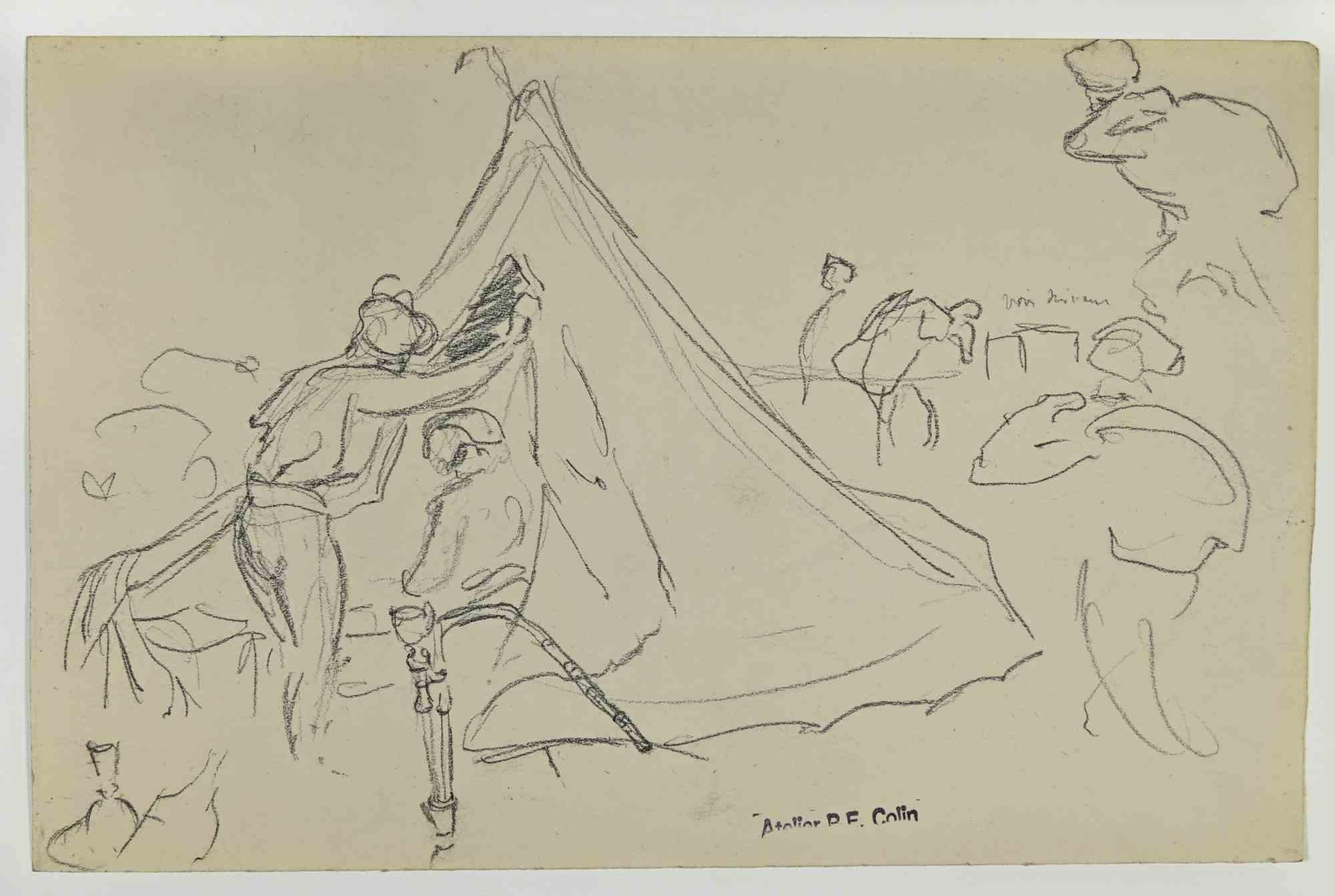 Soldats sous la tente est un dessin réalisé par Paul Emile Colin au début du 20e siècle.

Crayon de carbone sur papier ivoire

Estampillé sur la partie inférieure.

Bon état avec de légères rousseurs.

L'œuvre d'art est réalisée à l'aide de traits