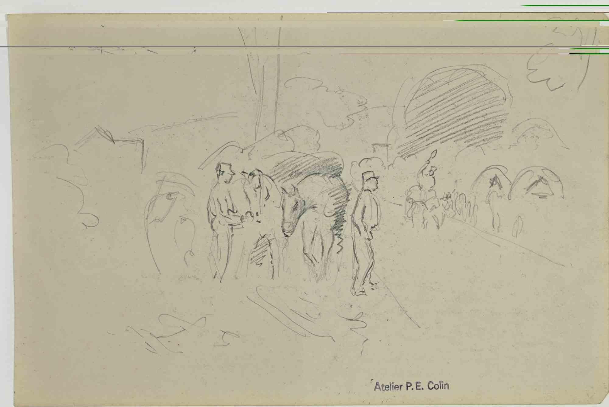 Soldaten im Lager ist eine Zeichnung von Paul Emile Colin aus dem frühen 20. Jahrhundert.

Kohlestift auf elfenbeinfarbenem Papier

Auf der Unterseite gestempelt.

Guter Zustand mit leichten Stockflecken.

Das Kunstwerk wird durch geschickte