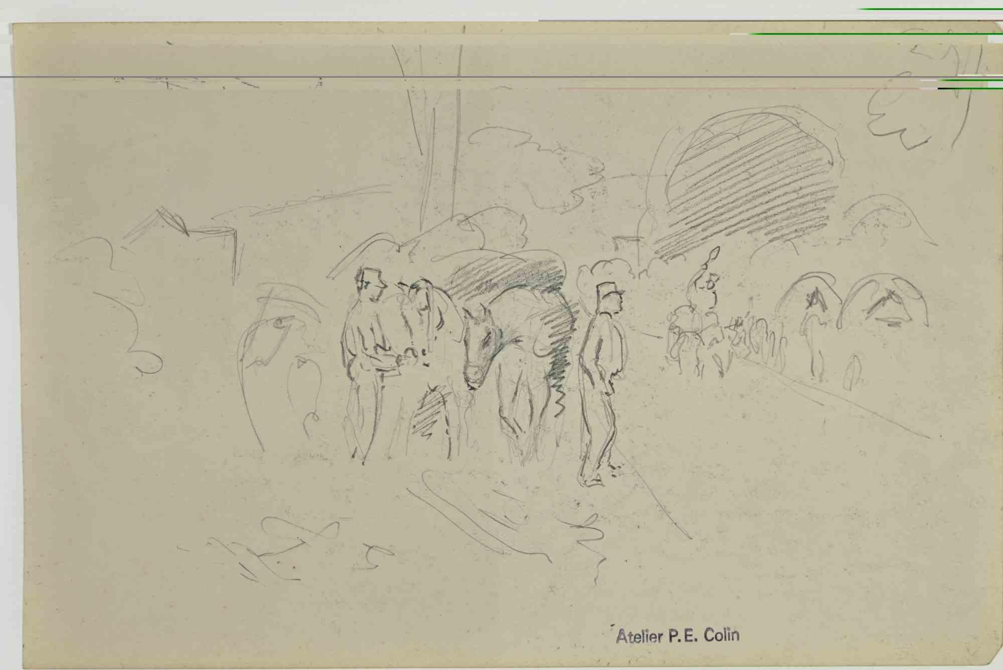 Soldados en el campamento - Dibujo de Paul Emile Colin - Principios del siglo XX