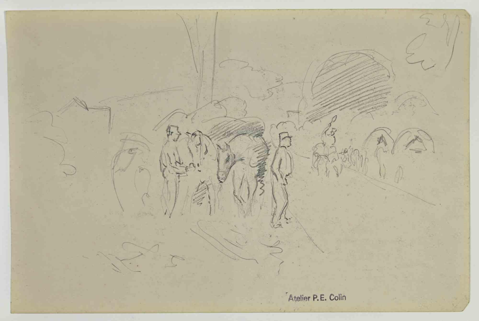 Soldiers  in the Campsite is an original drawing realized by Paul Emile Colin in the Early 20th Century.

Carbon Pencil on ivory-colored paper

Stamped on the lower.

Good conditions with slight foxing.

The artwork is realized through deft