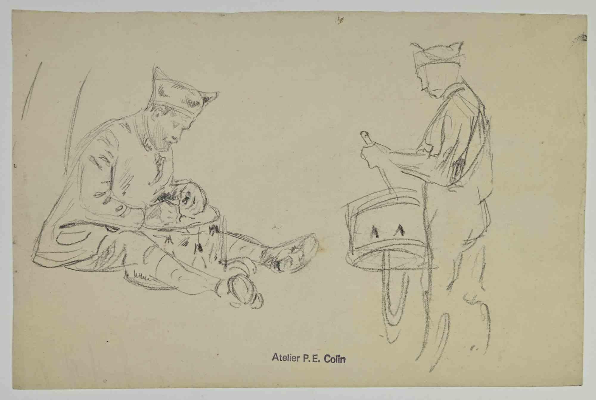Soldiers is a drawing realized by  Paul Emile Colin in the Early 20th Century.

Pencil on ivory colored paper

Stamped on the lower.

Good conditions with slight foxing.

The artwork is realized through deft expressive strokes.
