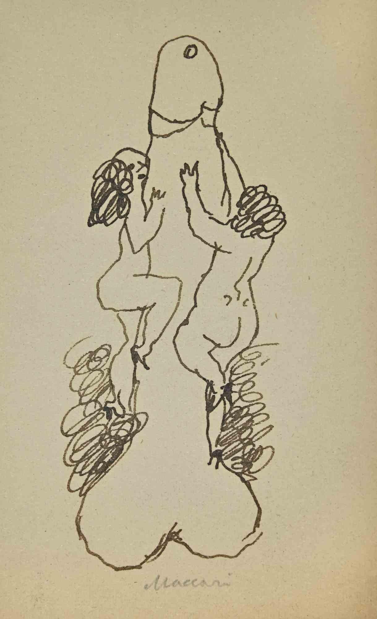 Figurative Art Mino Maccari  - The Climbers - Drawing de Mino Maccari, 1960 environ