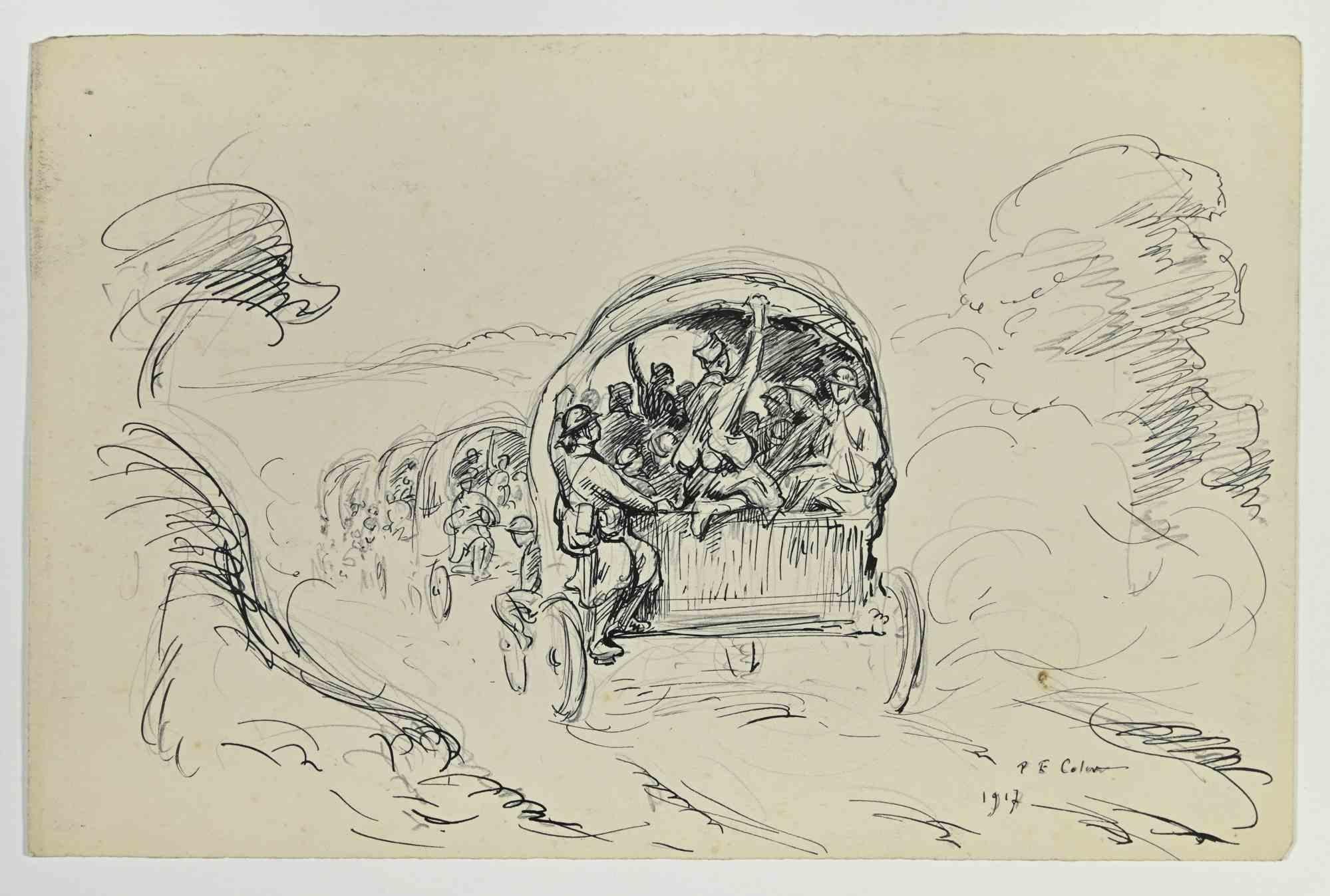Departure of Soldiers is a drawing realized by Paul Emile Colin in the Early 20th Century.

Carbon Pencil on ivory-colored paper

Hand-signed and. dated on the lower.

Good conditions with slight foxing.

The artwork is realized through deft