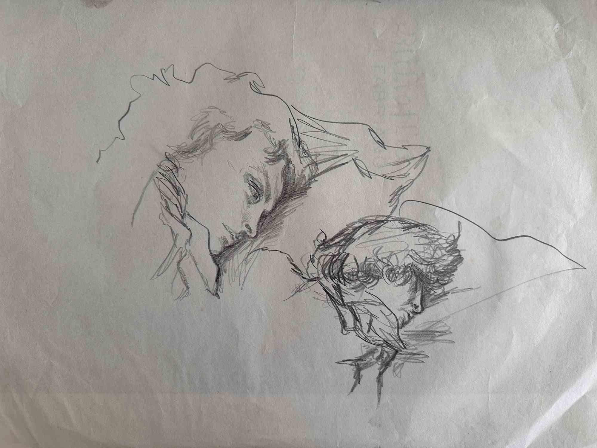 Unknown Figurative Art - Sleeping - Drawing - 1950s