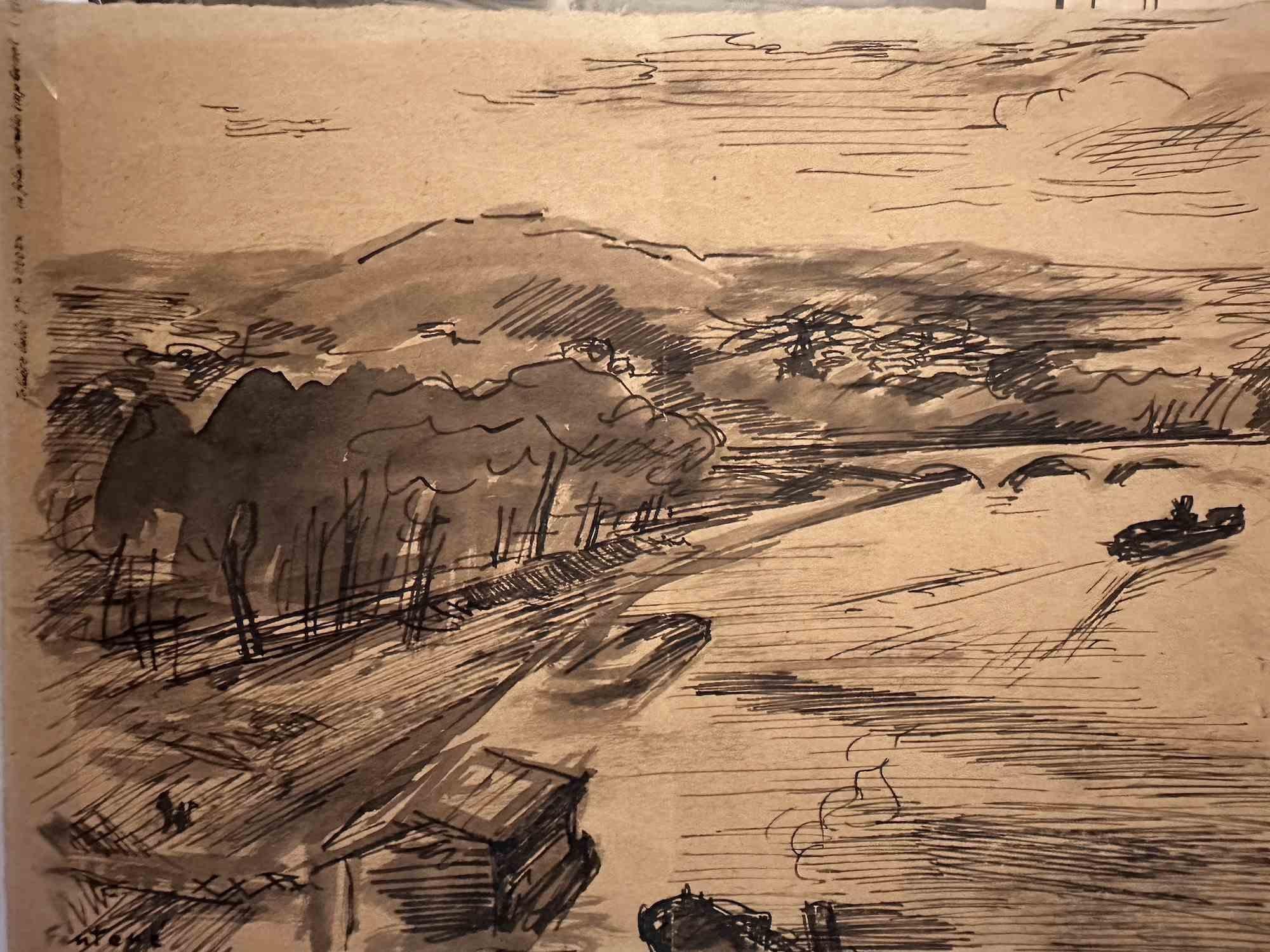 Unknown Landscape Art – Landschaft - Zeichnung von Robert Fontené - Mitte des 20. Jahrhunderts