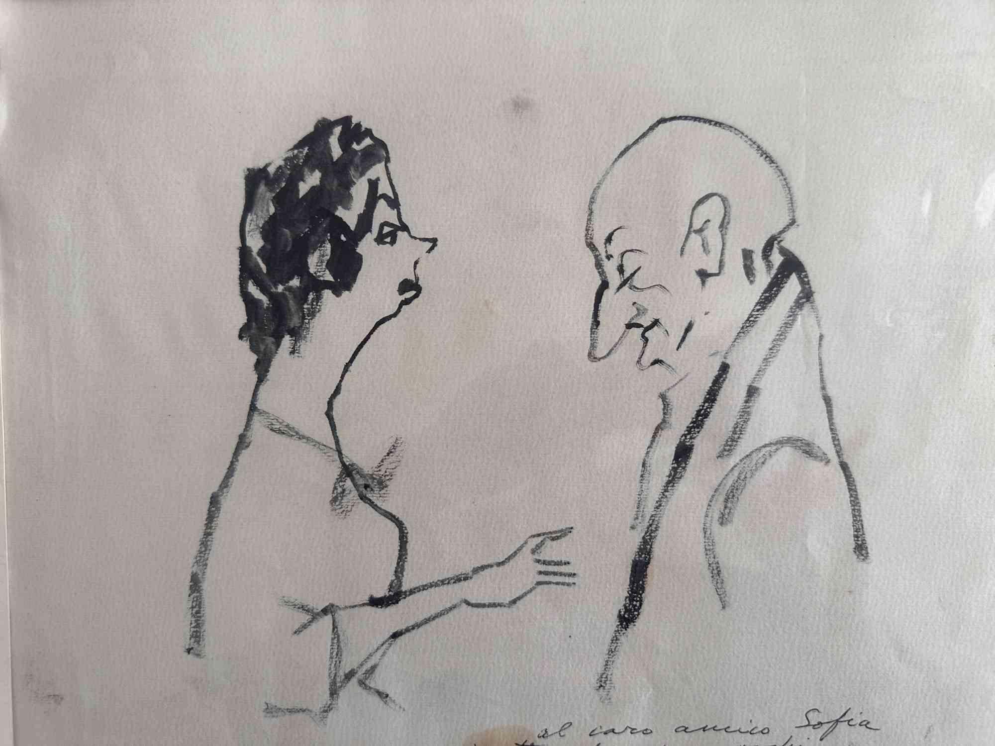 Rough Conversation is a drawing Artwork realized by  (1924-1989) in the 1960s.

Hand-signed and dedicated to Corrado Sofia.

Good conditions with slight foxing and folding.

Mino Maccari (Siena, 1924-Rome, June 16, 1989) was an Italian writer,