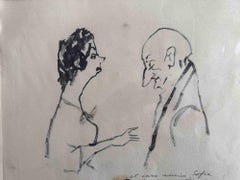 Vintage Rough Conversation - Drawing by Mino Maccari - 1960 ca