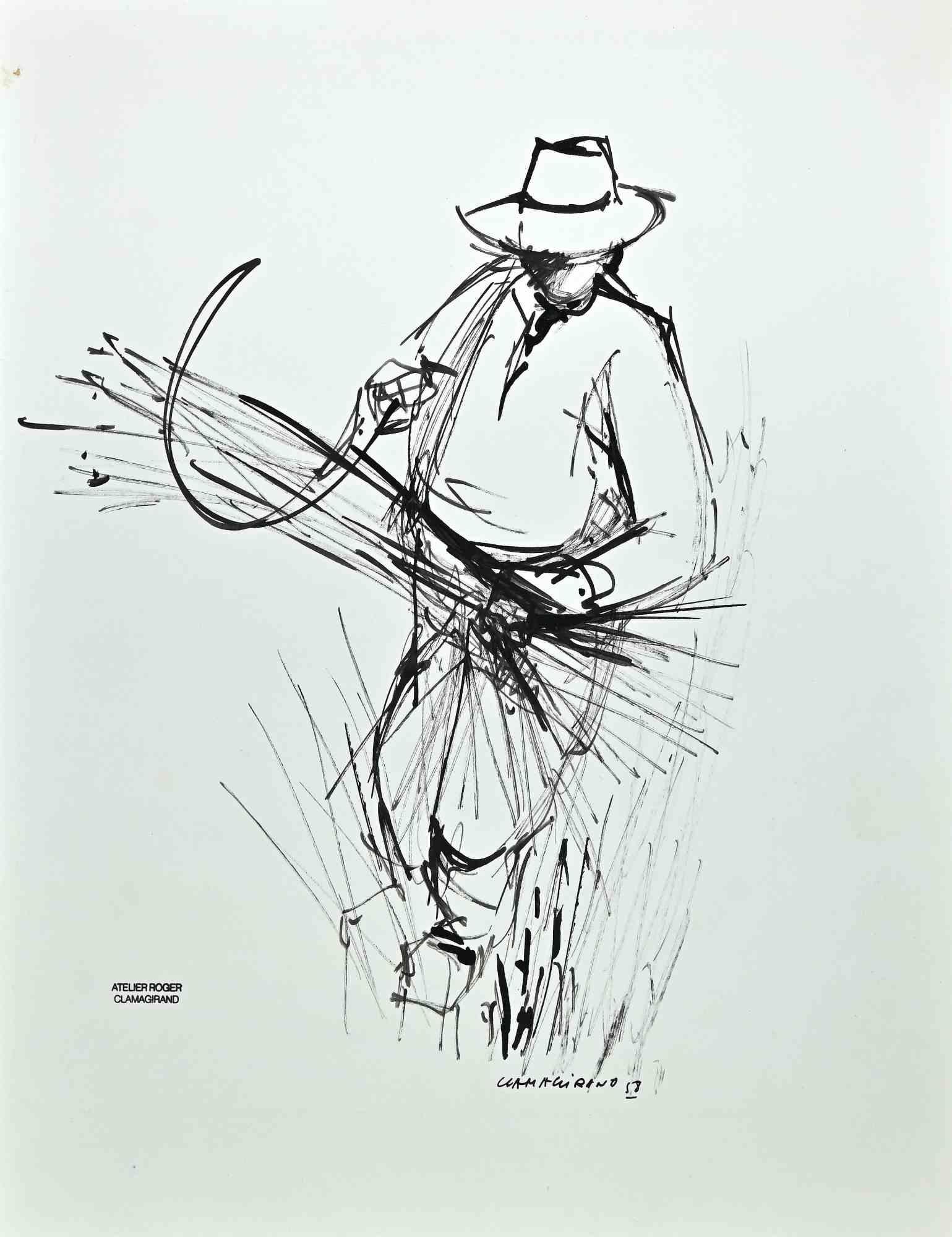 Peasant is an original Drawing on paper in 1958 realized by Roger Clamagirand.

Hand-signed and stamped on the lower and dated.

Black Marker Pen on paper.

Good conditions.

The artwork through soft strokes by mastery.