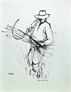 Vintage Peasant - Drawing in Black Marker Pen by Roger Clamagirand - 1958