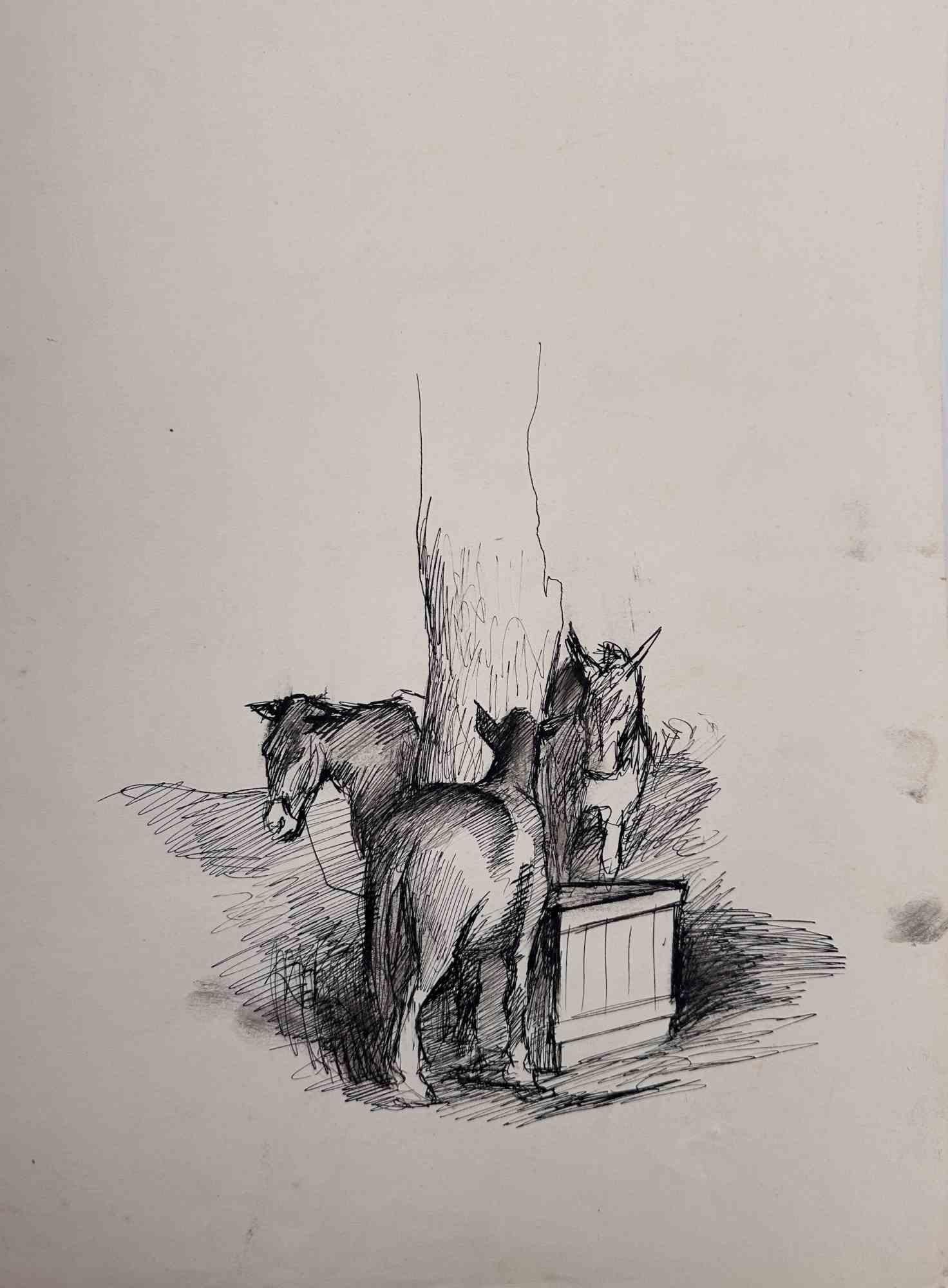 Unknown Figurative Art - The Horses - Drawing - Mid 20th century