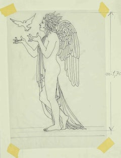 Angle mit Vogel – Zeichnung von Leo Guida – 1970er Jahre