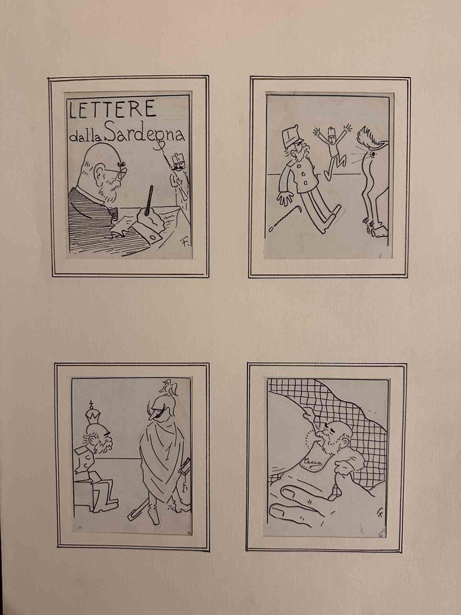 Lettres à la Sardaigne est une œuvre d'art moderne réalisée par l'artiste italien Filiberto Scarpelli (Naples, 1870 - Rome, 1933). Quatre œuvres d'art séparées dans un seul cadre.  Dessins originaux réalisés à la plume sur papier. 

Passepartout