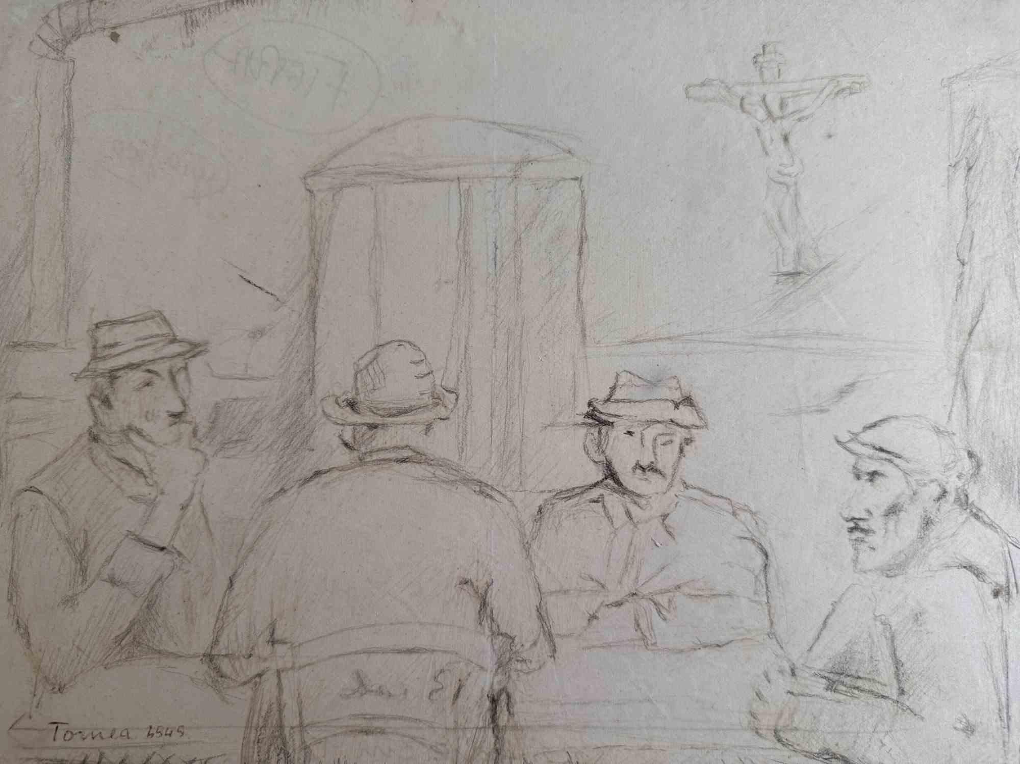 Men at the Table is a drawing realized by Fiorenzo Tomea in the mid-20th century.

Pencil on paper glued on a hard cardboard as support.

Good conditions with slight foxing.

The artwork is created through deft strokes in a well-balanced composition.