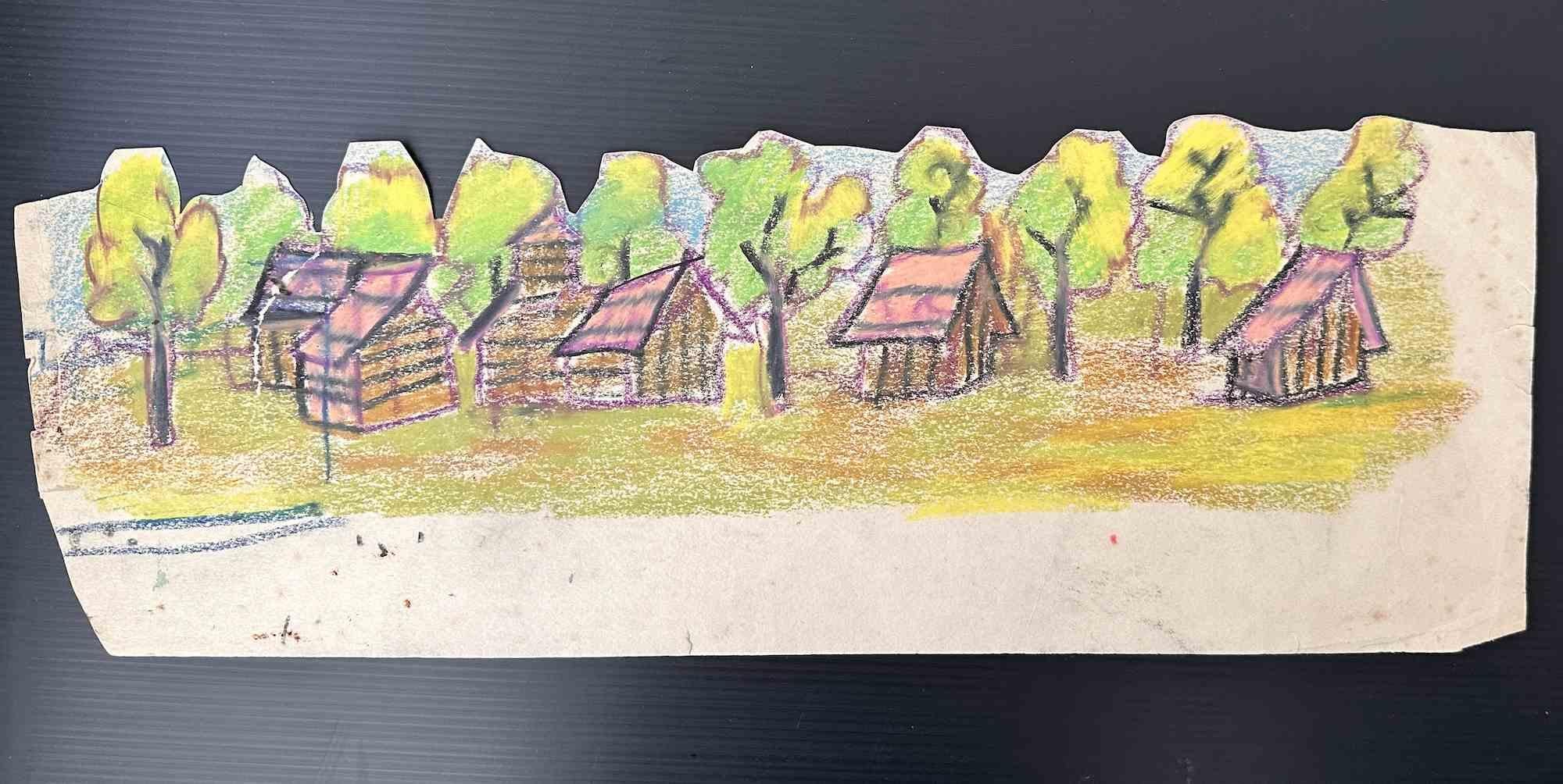 Unknown Figurative Art - Colorful Cottage - Drawing - Mid-20th Century
