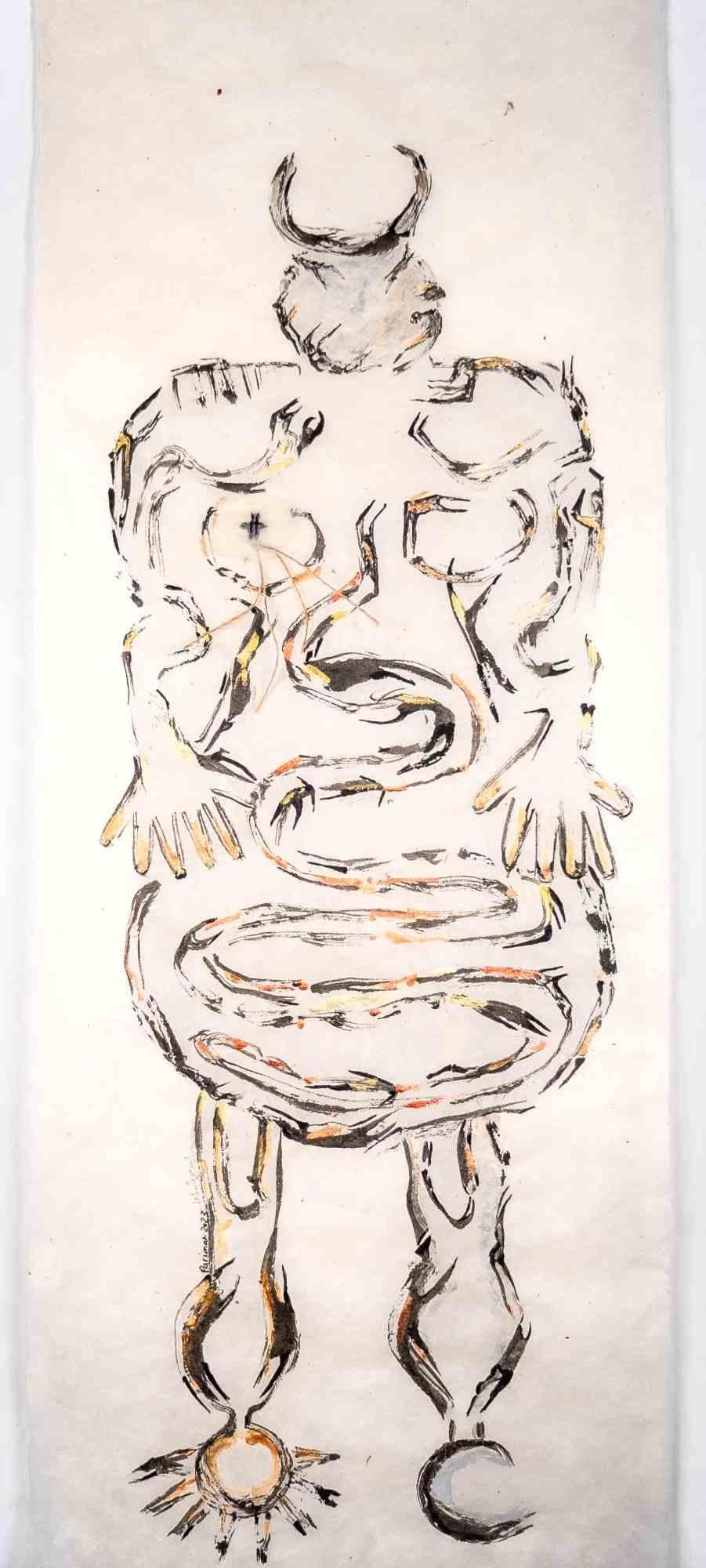 Gottheit des Tages und Nacht der Wege ist eine Zeichnung der iranischen Künstlerin und Dichterin Parimah Avani aus dem Jahr 2023.

China-Tusche, Acryl und Mischtechnik auf Himalaya-Washi-Lokta-Papier mit aufgetragenem Tengujo-Kaschmirpapier und