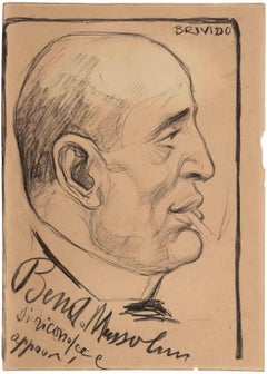 Antique Portrait of Benito Mussolini - Drawing by Alberto Manetti - 1920s