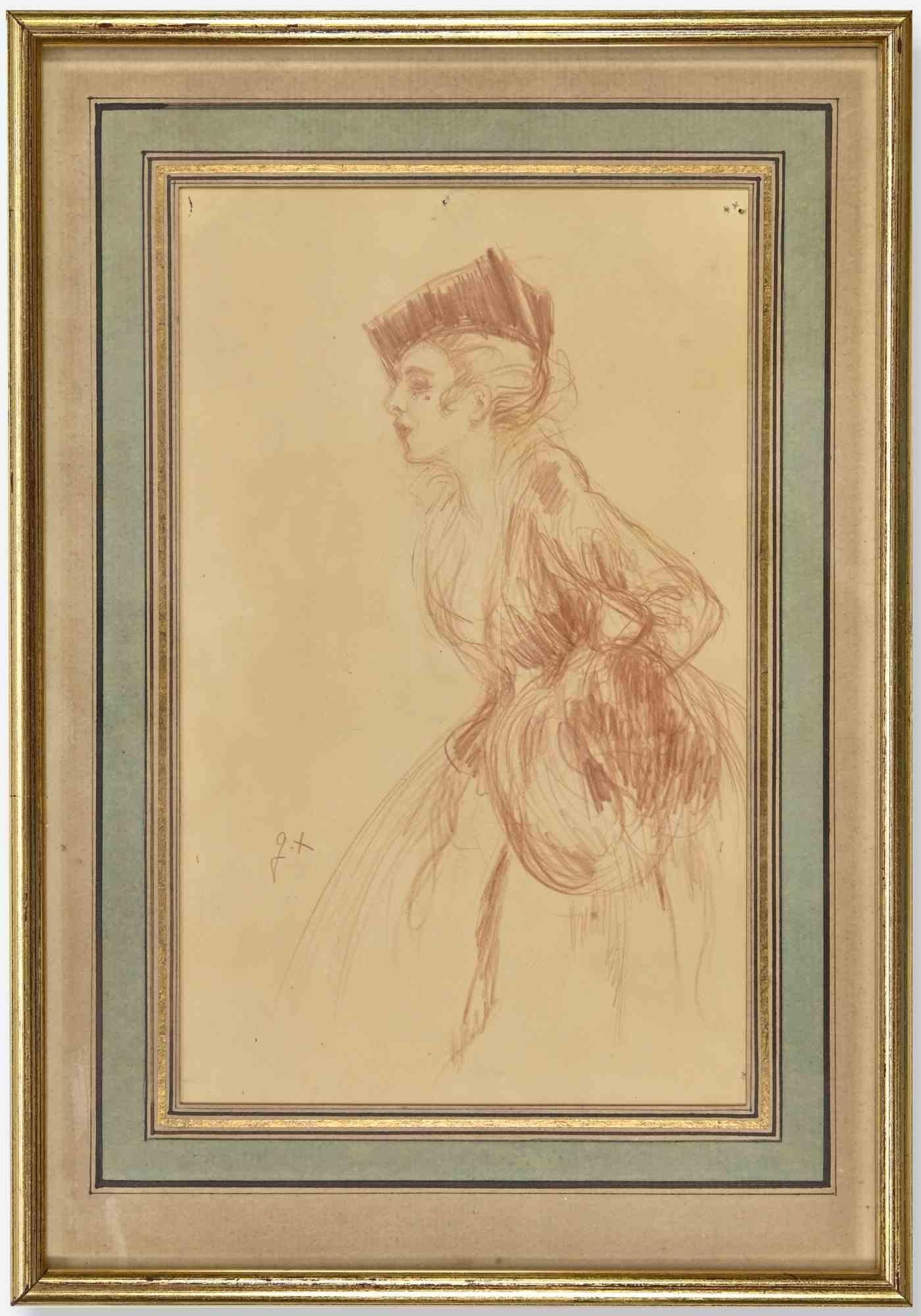 Woman is a modern artwork realized by the French artist,  Jules Marie Auguste Leroux  ( Paris 1871-1954) painter and illustrator.

A pencil drawing on paper.

Monogram of the artist on the left.

Auguste Leroux was a brilliant artist, winner of the