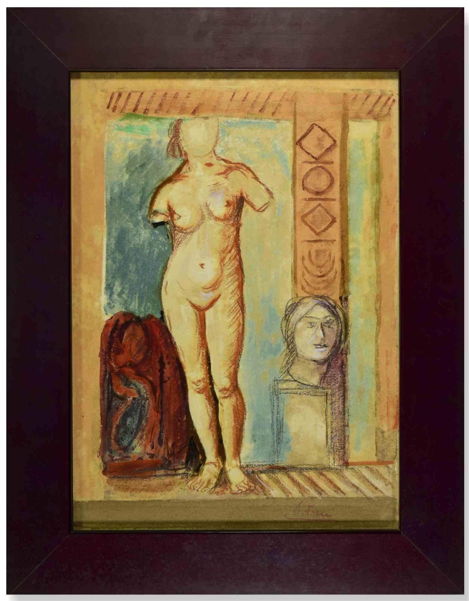 La femme nue est une œuvre d'art moderne réalisée par Achille Funi au début du 20e siècle.

Technique mixte sur contreplaqué.

Signé à la main dans la marge inférieure.

Inclut le cadre.